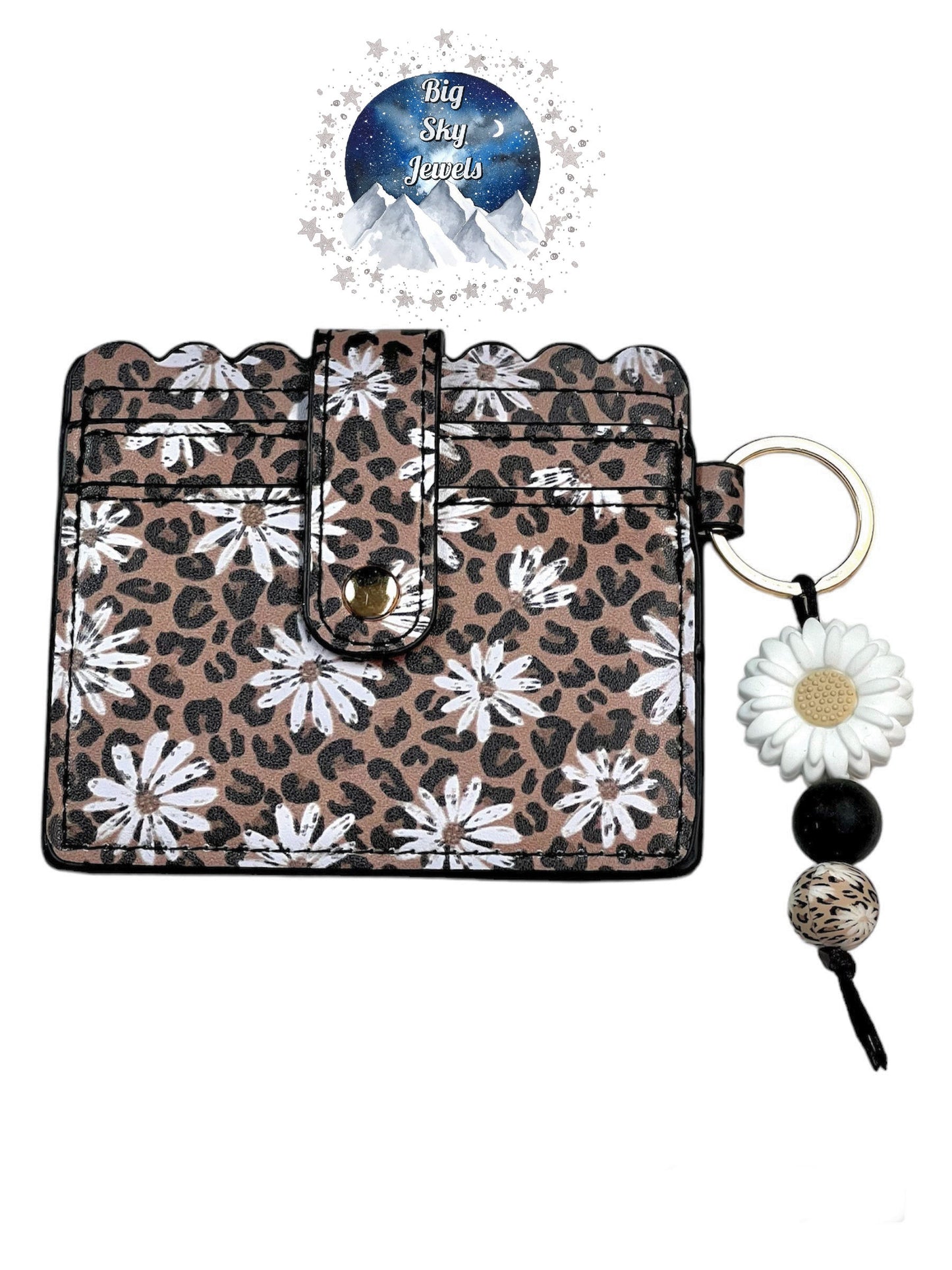 Leopard Daisy Floral Silicone Charm W/Flower Wallet ID Card Holder Daisy Print & Black Ages 5+ Kids or Ladies Moms Mother's Day Gift Spring