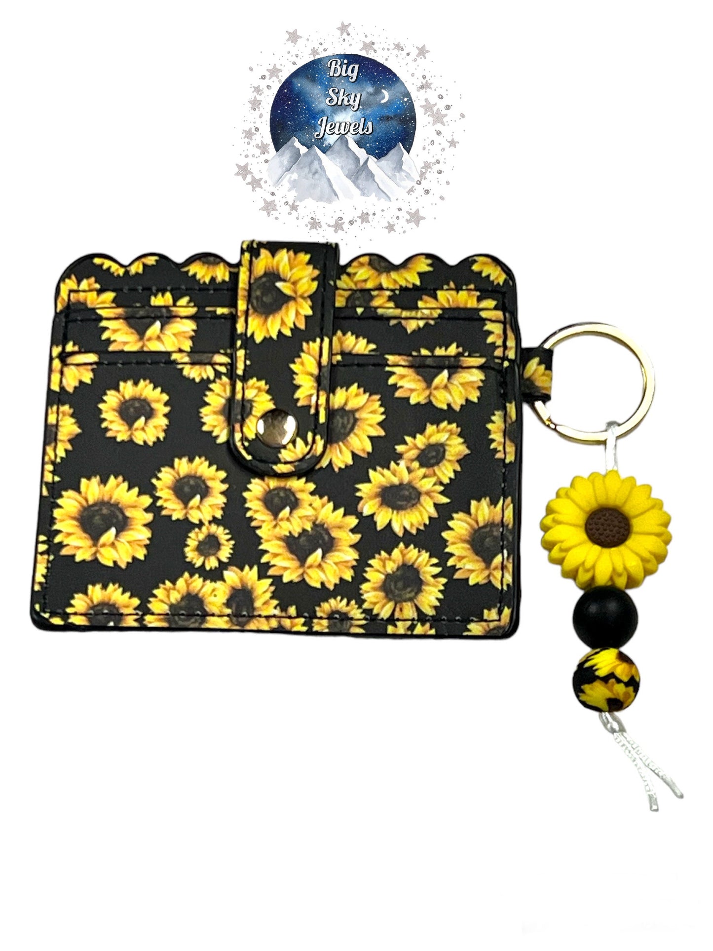 Sunflower Silicone Charm W/Sunflower Wallet ID Card Holder Black & Sunflower Print, Black and Yellow Ages 5+ Kids or Ladies Moms Mother's Day Gift Spring Summer