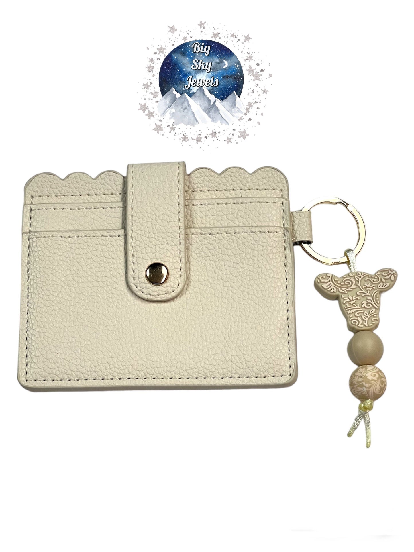 Ivory & Cream Cow Silicone Charm W/Beige Wallet ID Card Holder Ivory & Cream Tooled Print, Ages 5+ Kids or Ladies Moms Mother's Day Gift Spring Summer Montana