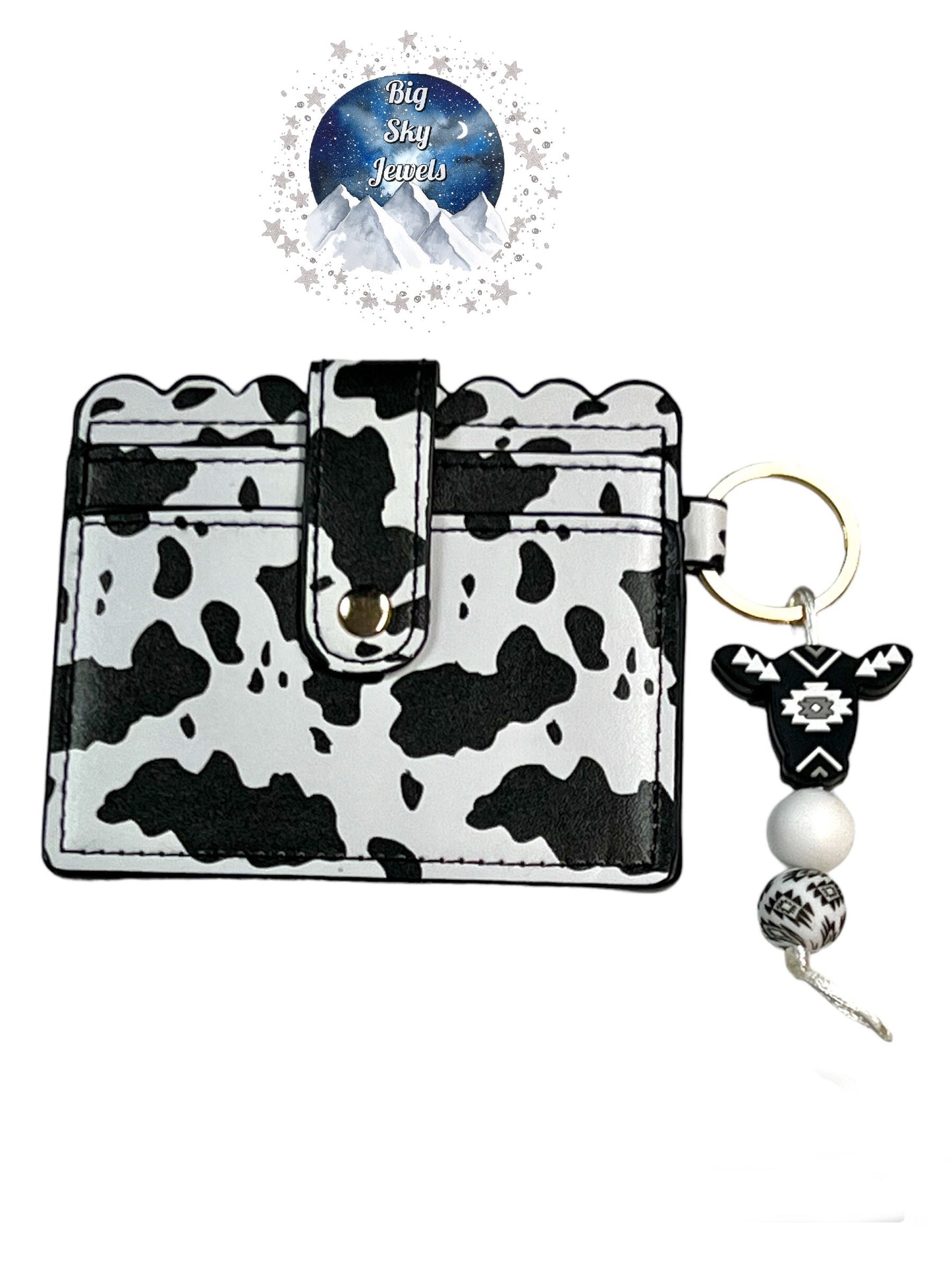 Blackie the Aztec Cow Silicone Charm W/Wallet ID Card Holder Black & White Cow Print, Black, White, and Gray Ages 5+ Kids or Ladies Moms Mother's Day Gift Western