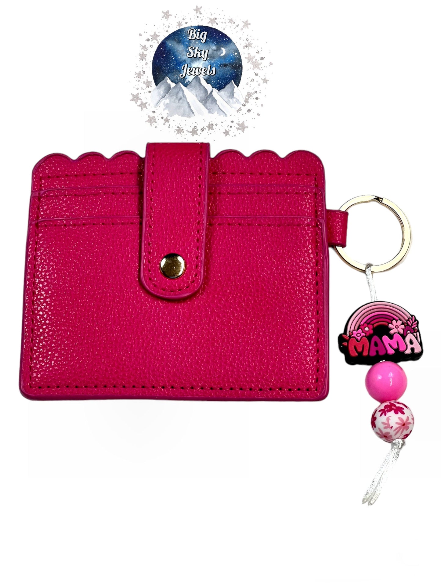 Pink Rainbow Mama Flowers Silicone Charm W/Hot Pink Wallet ID Card Holder Daisy Print & Liquid Pink Ages 5+ Kids or Ladies Moms Mother's Day Gift Spring