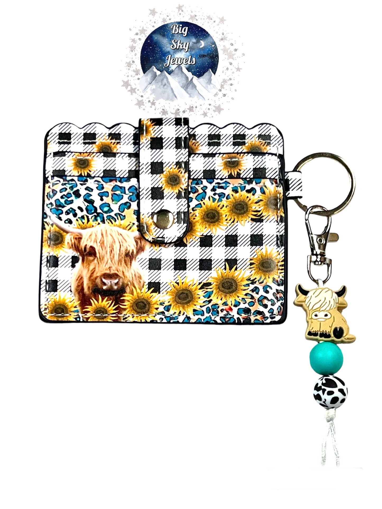 Hamish Cow Silicone Charm W/Sunflower Wallet ID Card Holder Black & White Cow Checked Print, Black, White, Turquoise and Yellow Ages 5+ Kids or Ladies Moms Mother's Day Gift Western