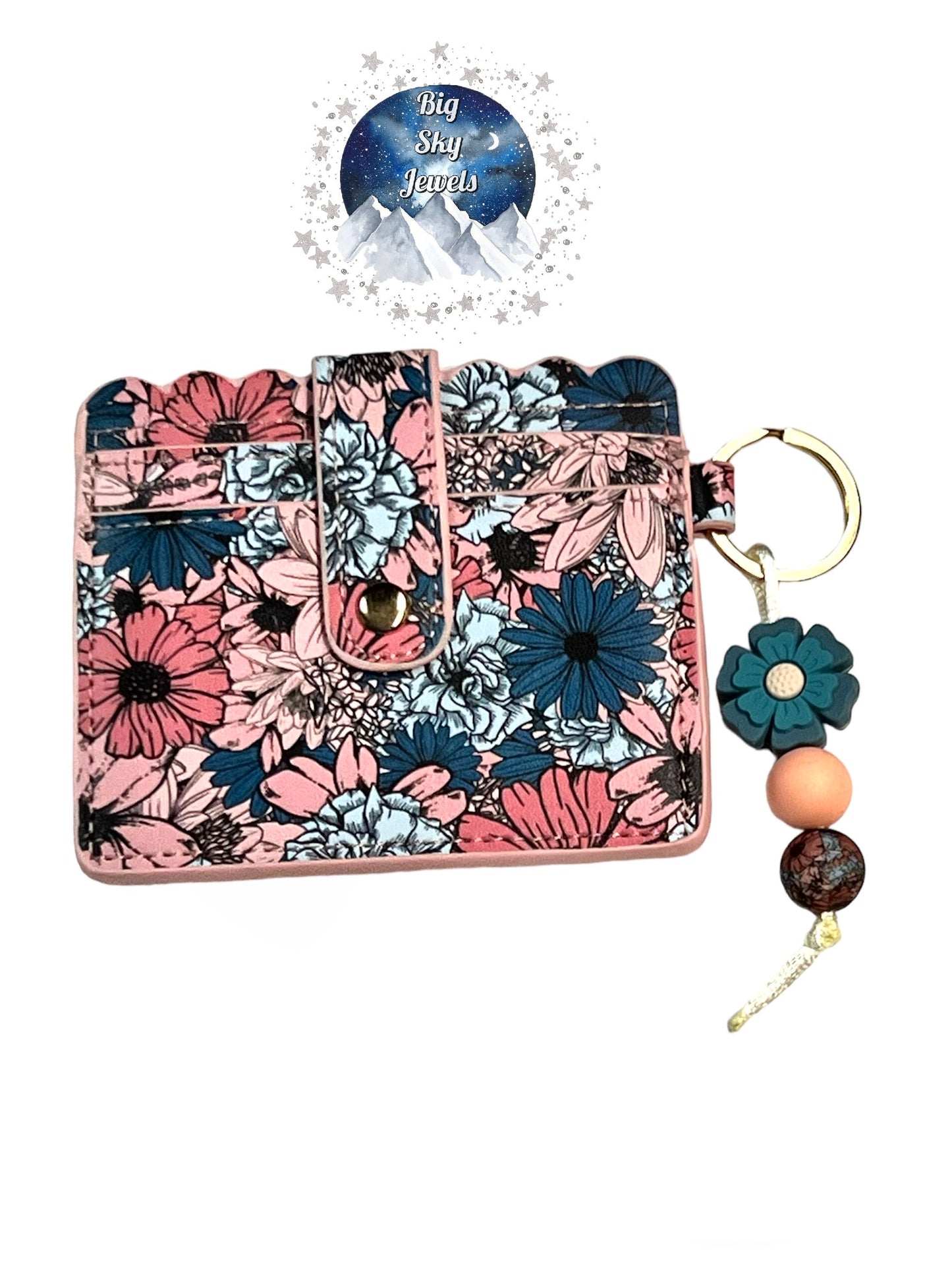 Blue Flower Silicone Charm W/Dreamy Floral Wallet ID Card Holder, Flower Print & Peach Ages 5+ Kids or Ladies Moms Mother's Day Gift Spring