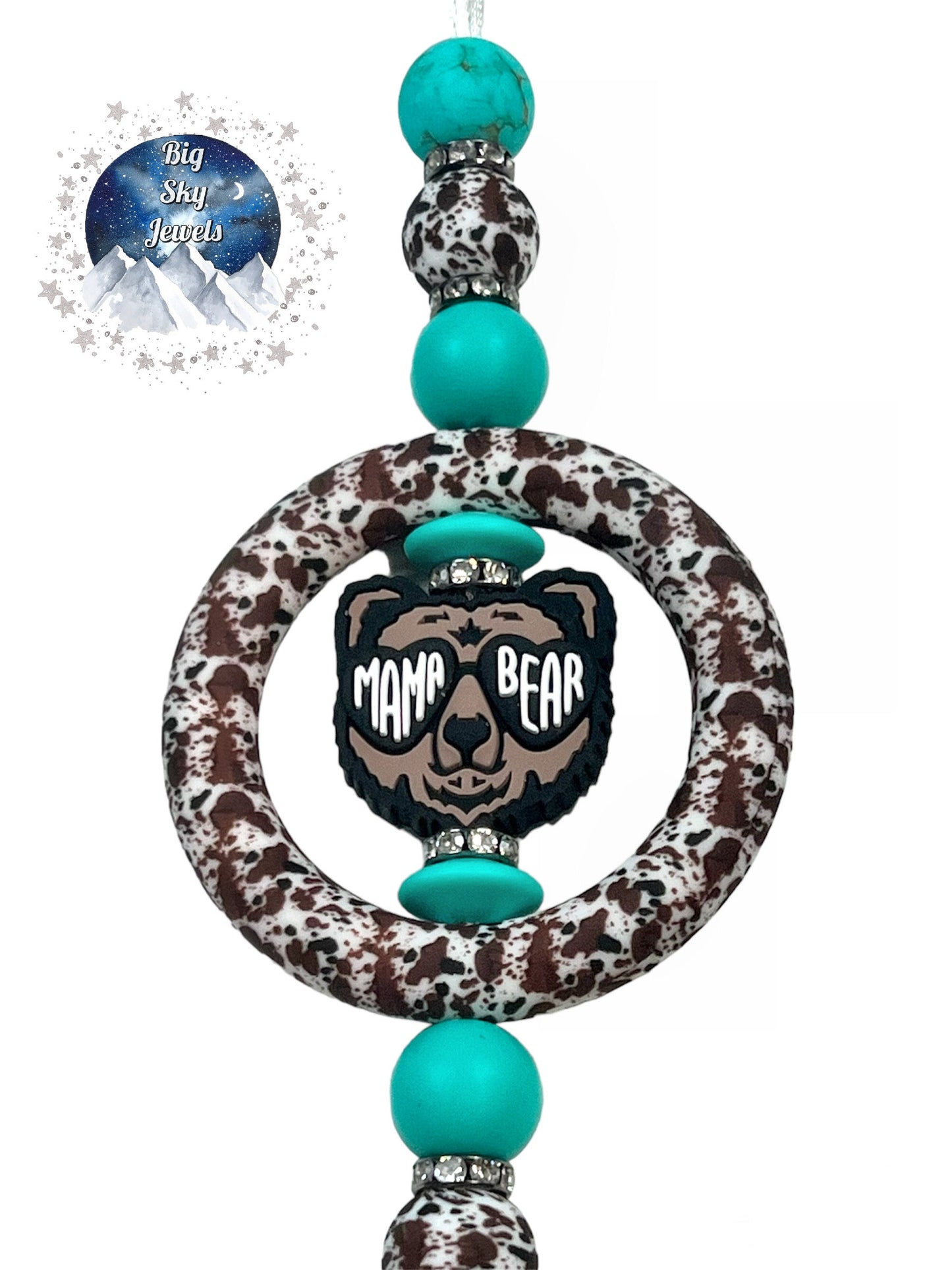 💋 Mama Bear Silicone Car Charm Turquoise Stone Print, Brown, White & Black Print, Turquoise Rear View Mirror Accessory Ages 8+ Kids or Ladies Women Mother's Day Gift