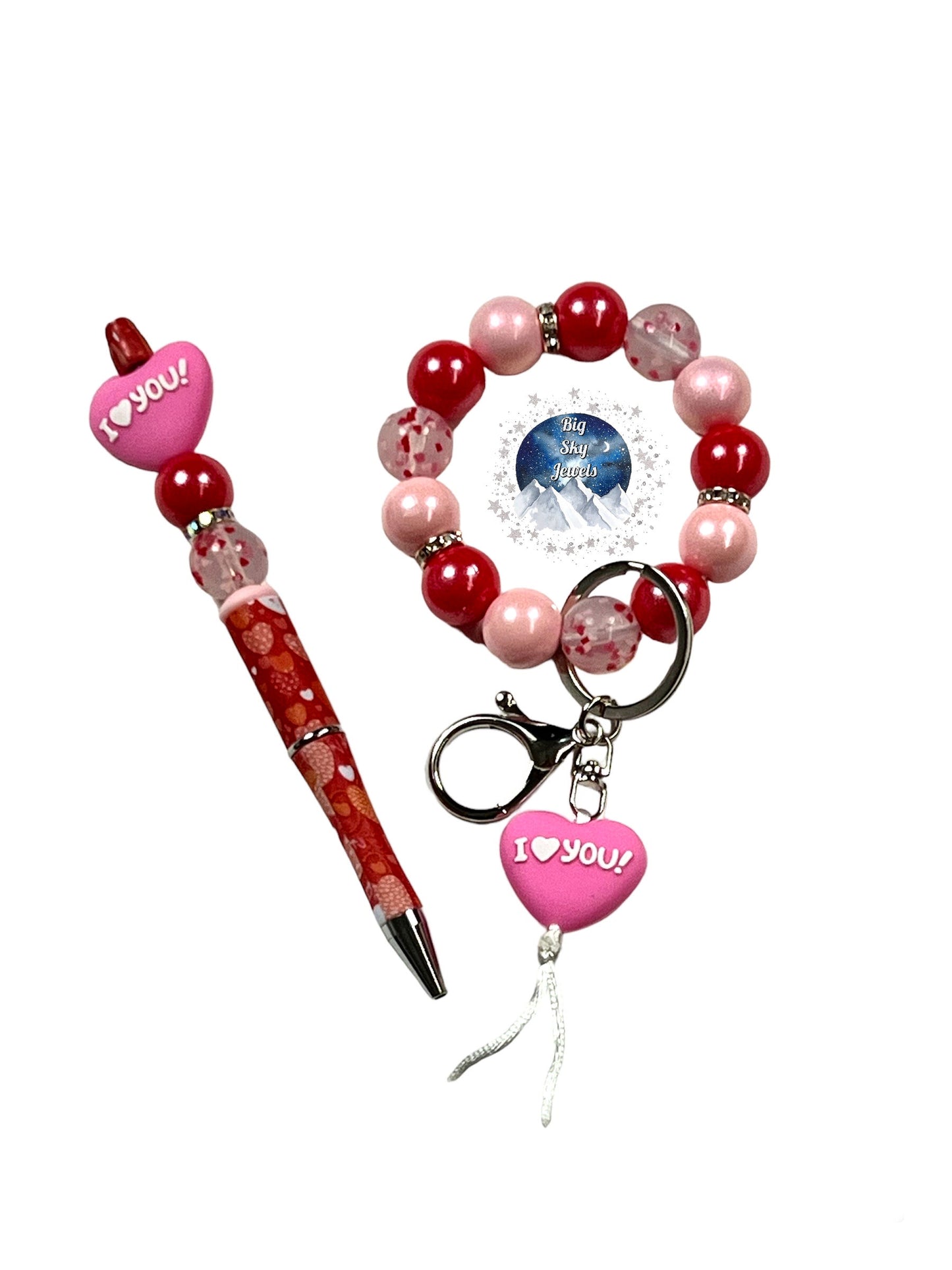 "I Love You" Silicone Wristlet Keychain + Pen Set Pink Heart, Pink Shimmer, Red Shimmer & Confetti Print Ladies Valentines Day Mothers Day Moms Gift Montana STRETCHY CORD