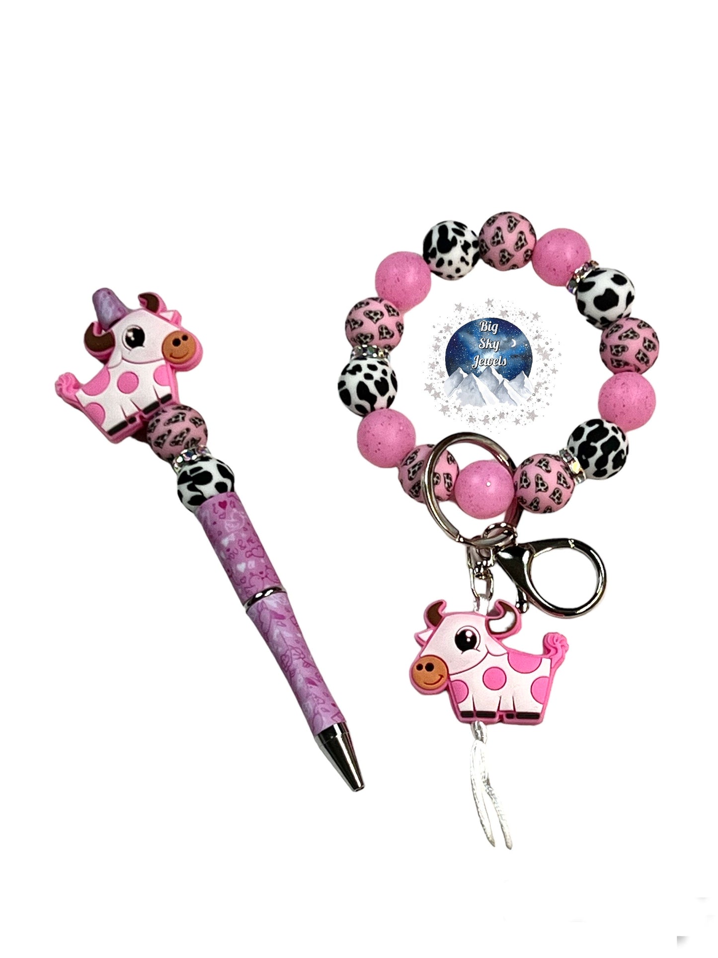 Cow Love Silicone Wristlet Keychain + Pen Set Hearts Heart Print, Black, Black & White Cow Print, Pink Glitter, White Ladies Valentine's Day Moms Kids Montana Big Sky