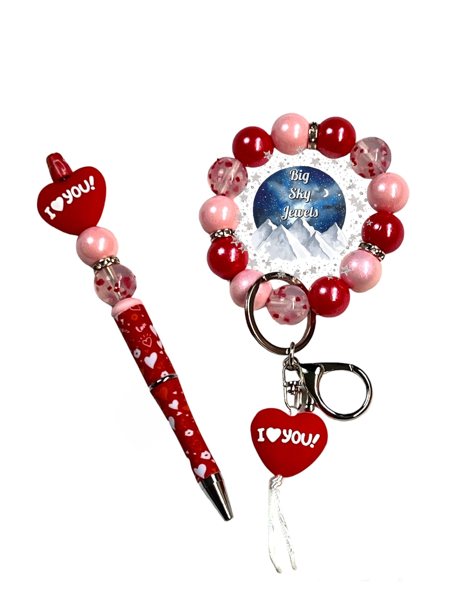 "I Love You" Silicone Wristlet Keychain + Pen Set Red Heart, Pink Shimmer, Red Shimmer & Confetti Print Ladies Valentines Day Mothers Day Moms Gift Montana STRETCHY CORD
