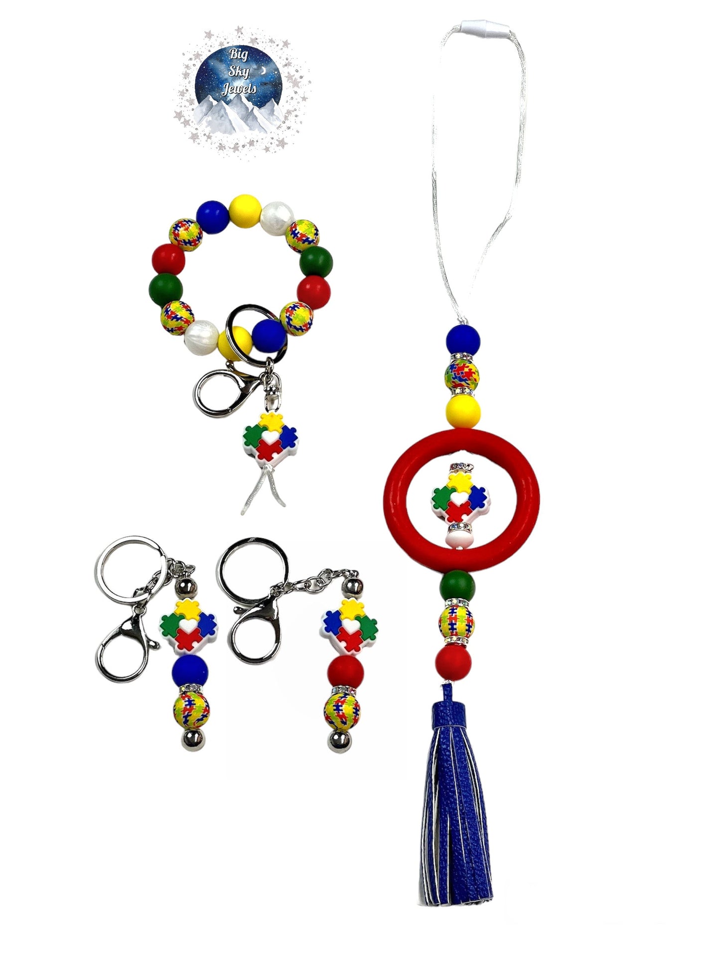 Custom order for Grace: Autism Love: 1 Silicone Keychain Wristlet, 2 Keychain Bars, 1 Car charm. Red, Autism Print, White, Yellow, Green & Blue Ages 8+ Kids or Ladies, Men, Moms Awareness