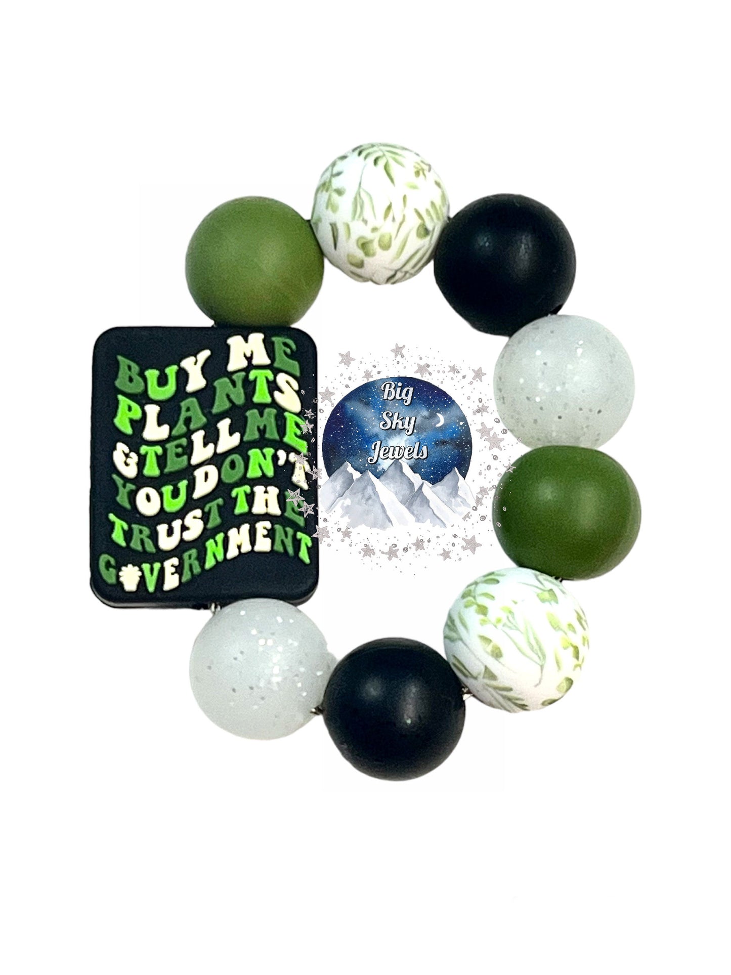 Plant + Government Silicone Cup Charm, Black, Green & White Plant Print, White Glitter, & Green Ages 8+ Kids or Ladies Summer Spring Tumbler Cup Accessory
