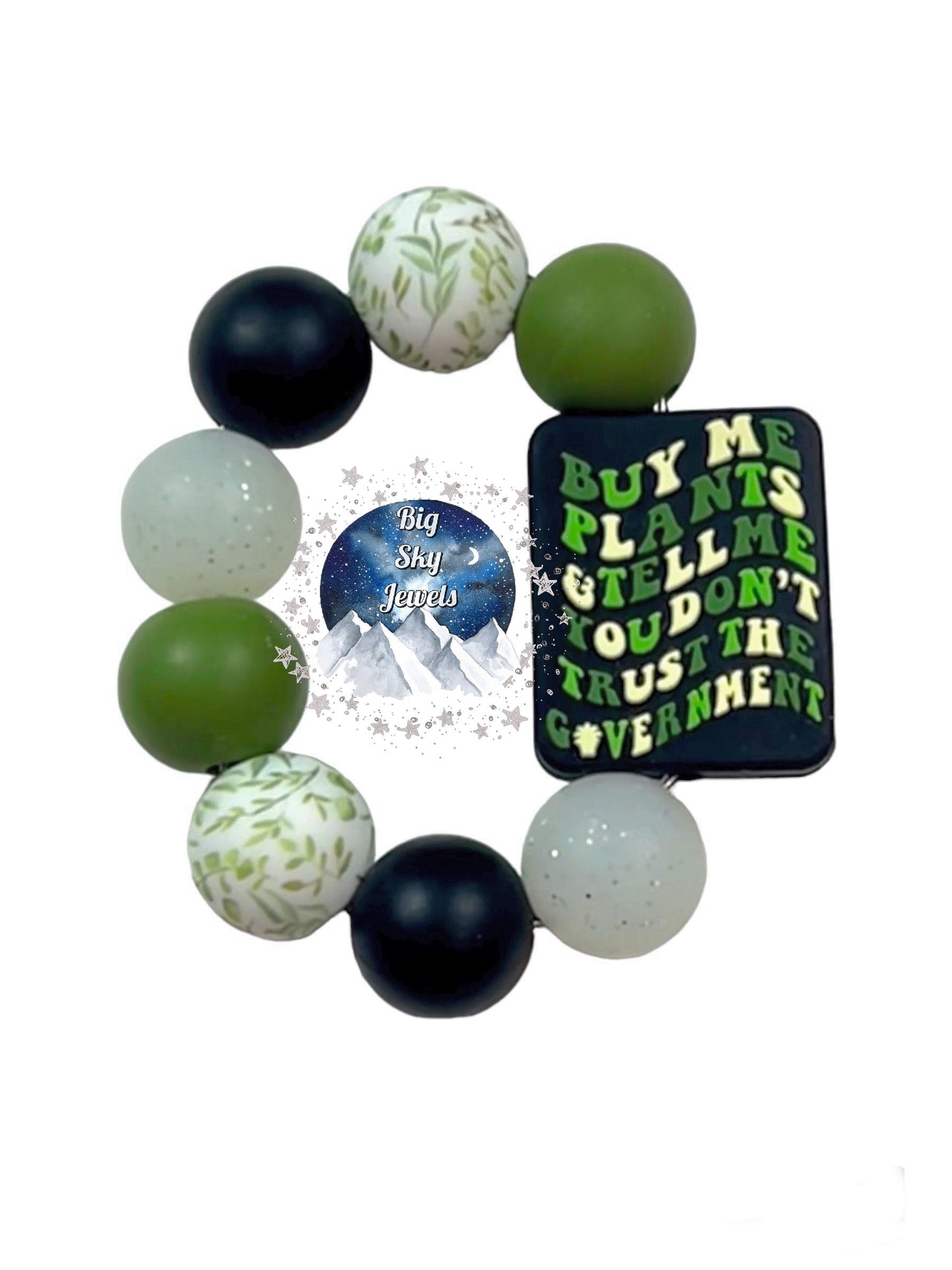 Plant + Government Silicone Cup Charm, Black, Green & White Plant Print, White Glitter, & Green Ages 8+ Kids or Ladies Summer Spring Tumbler Cup Accessory