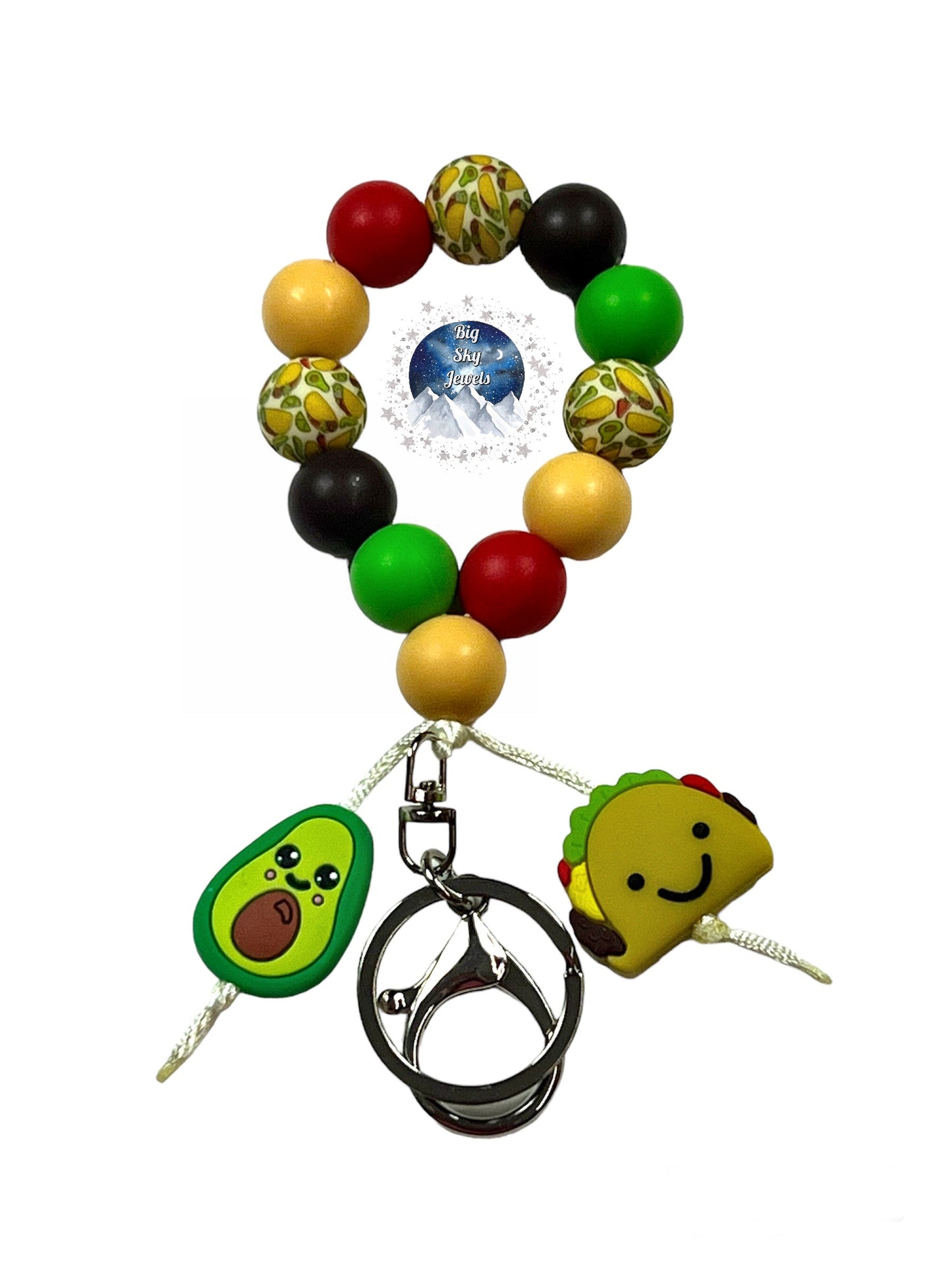 Avocado & Taco Silicone Teardrop Keychain Brown, Red, Yellow, Taco & Avocado Print, & Green Mexican Ages 8+ Kids or Ladies