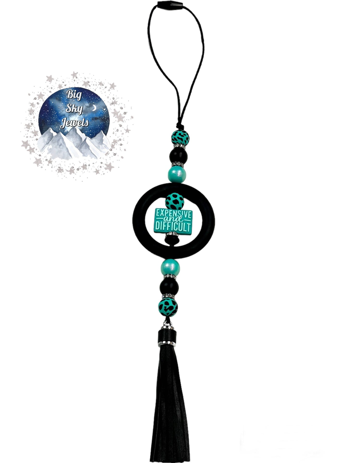 Expensive & Difficult Silicone Car Charm Black, Turquoise Opal, Black & Turquoise Cow Print Cowhide Rear View Mirror Accessory Ages 8+ Kids or Ladies Women Men Mother's Day Gift Western Montana Boujee