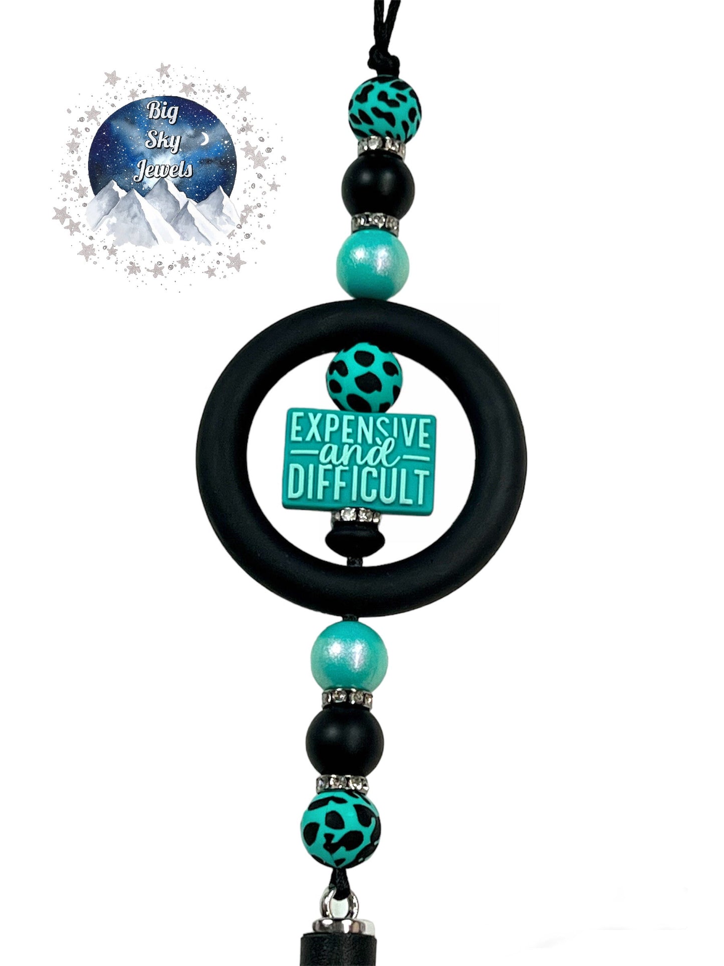Expensive & Difficult Silicone Car Charm Black, Turquoise Opal, Black & Turquoise Cow Print Cowhide Rear View Mirror Accessory Ages 8+ Kids or Ladies Women Men Mother's Day Gift Western Montana Boujee