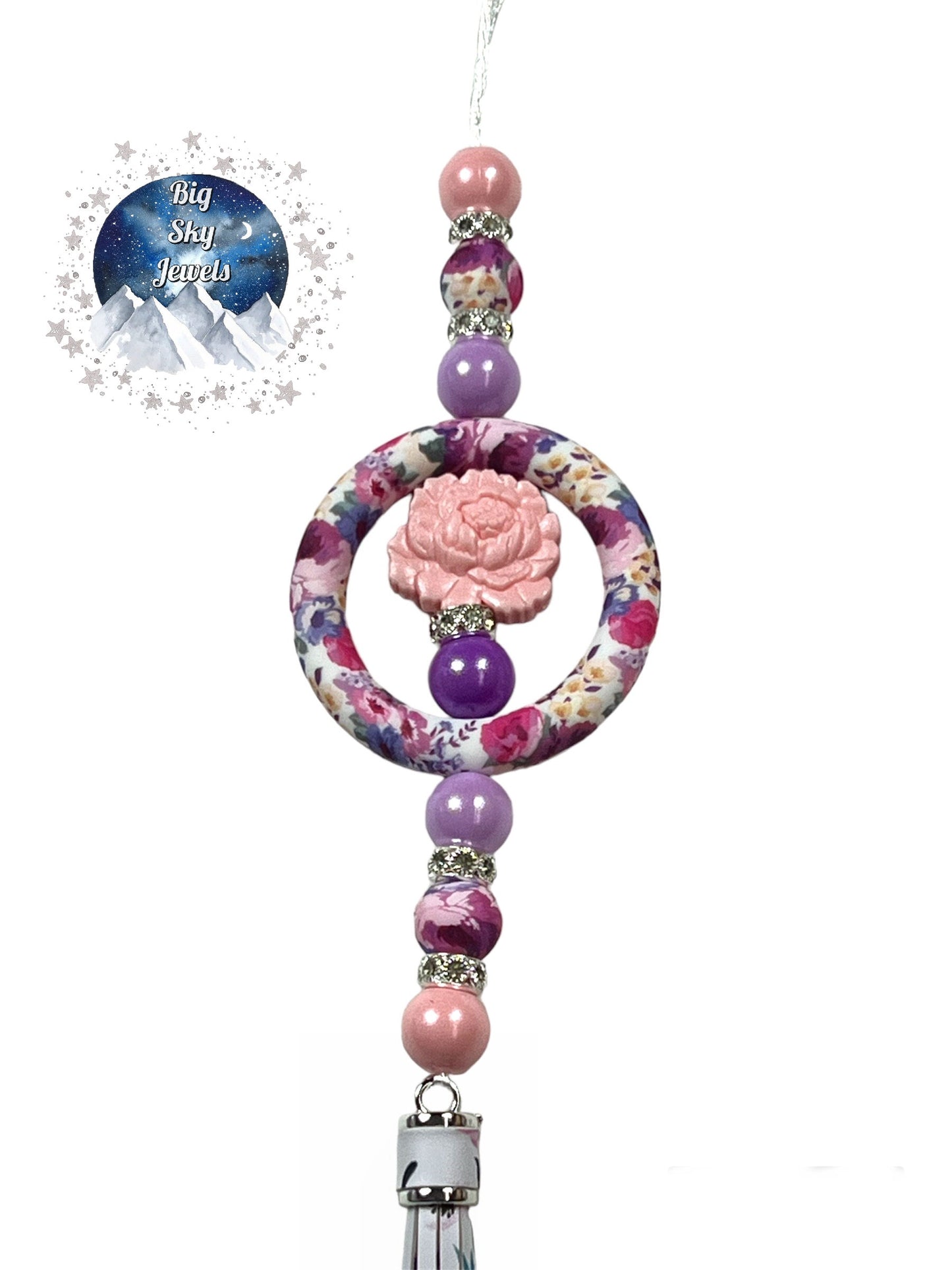 💋 Opal Pink Peony Silicone Car Charm Pink & Purple Flower print, Pink Shimmer, Light Lavender Shimmer and Purple Shimmer Ages 8+ Kids or Ladies Men Floral Mother's Day Gift Spring