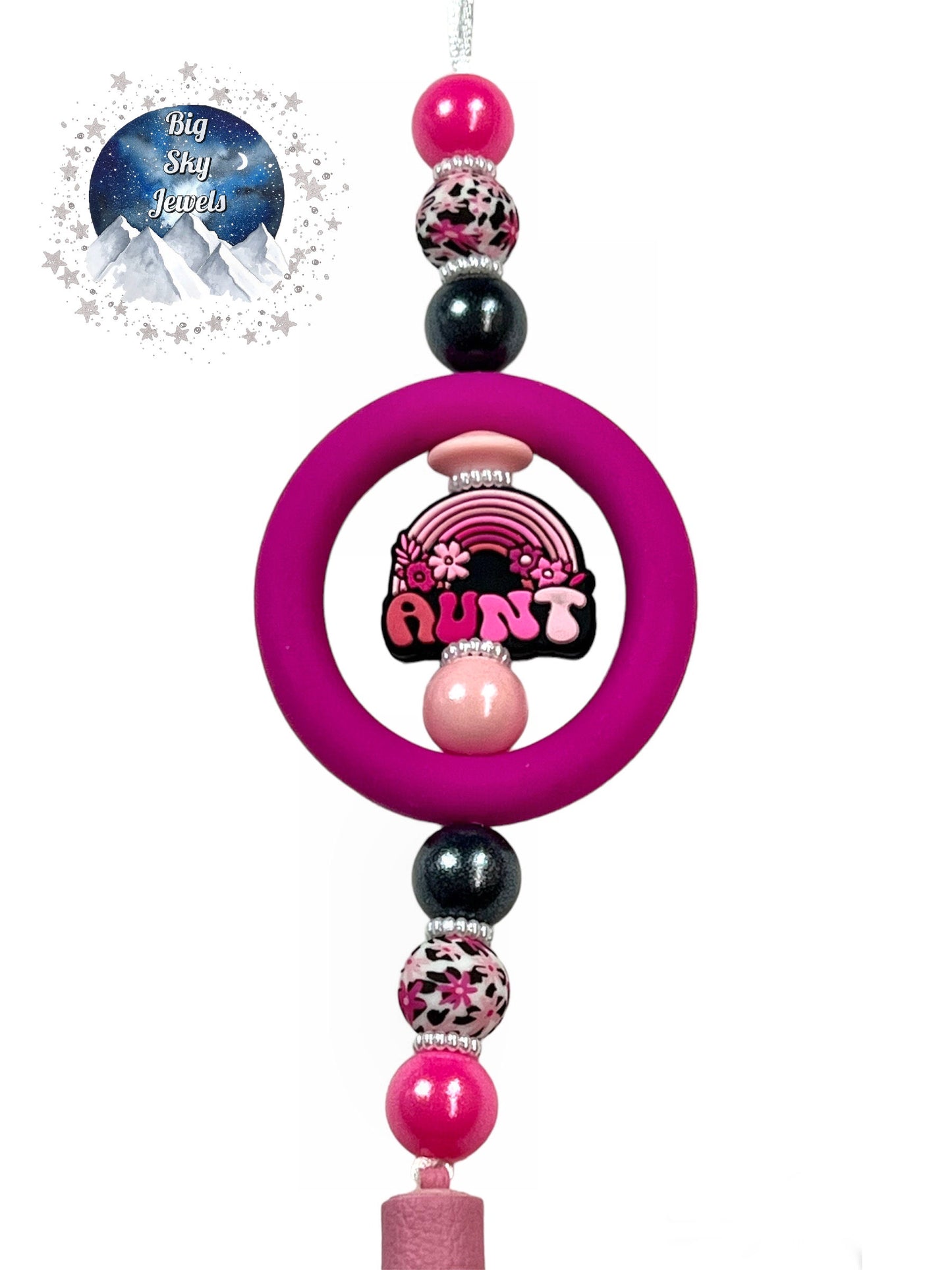 💋 Pink Aunt Daisy Silicone Car Charm Pink & Black Daisy Flower Cow print, Pink Shimmer, Black Shimmer Ages 8+ Kids or Ladies Men Floral Mother's Day Gift Spring