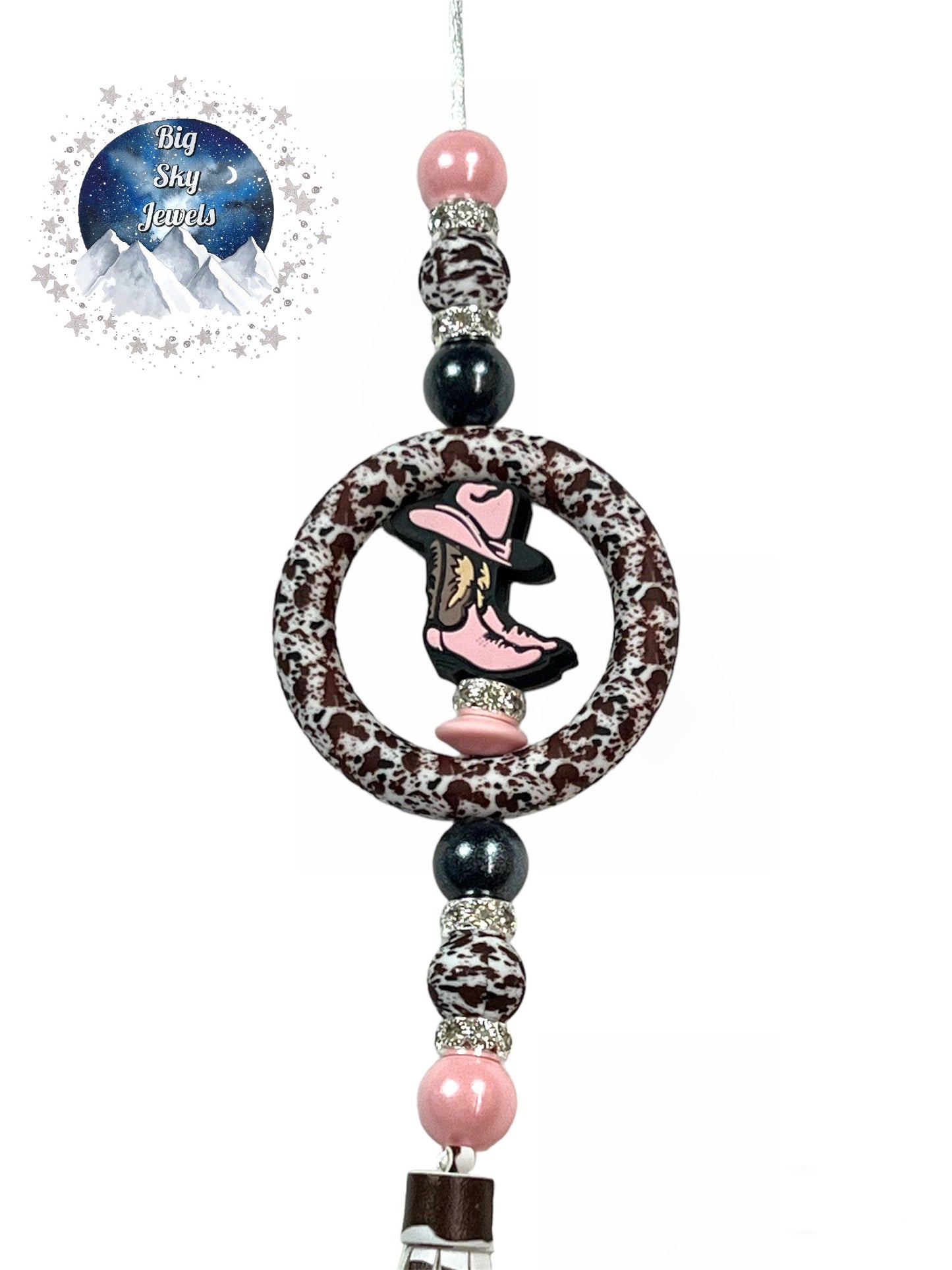 Cowboy Hat & Boots Silicone Car Charm Black, Pink Shimmer, Brown, Black & White Cow Print Cowhide Rear View Mirror Accessory Ages 8+ Kids or Ladies Women Men Mother's Day Gift Western Montana