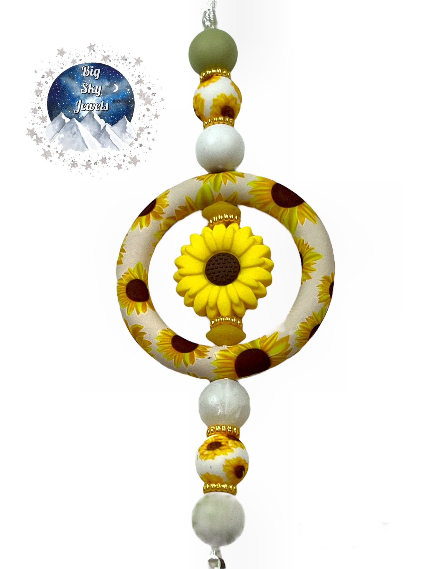 💋 Yellow Sunflower Car Charm Green, White, Sunflower Print, and Yellow Rear View Mirror Accessory Ages 8+ Kids or Ladies Women Men Mother's Day Gift Summer Floral