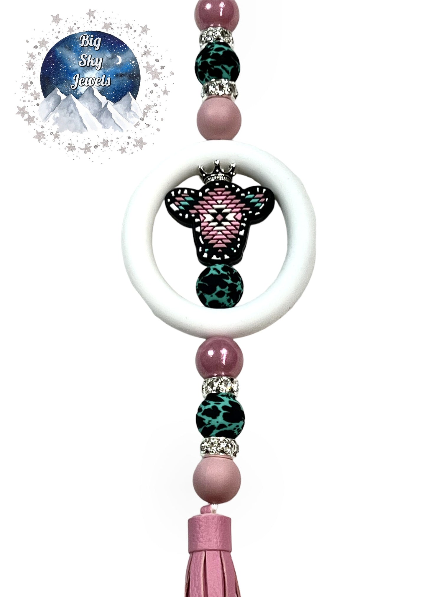 Pink Aztec Cow Silicone Car Charm Black, Pink Shimmer, Turquoise, Mauve, Black & Turquoise Cow Print Cowhide Rear View Mirror Accessory Ages 8+ Kids or Ladies Women Men Mother's Day Gift Western Montana