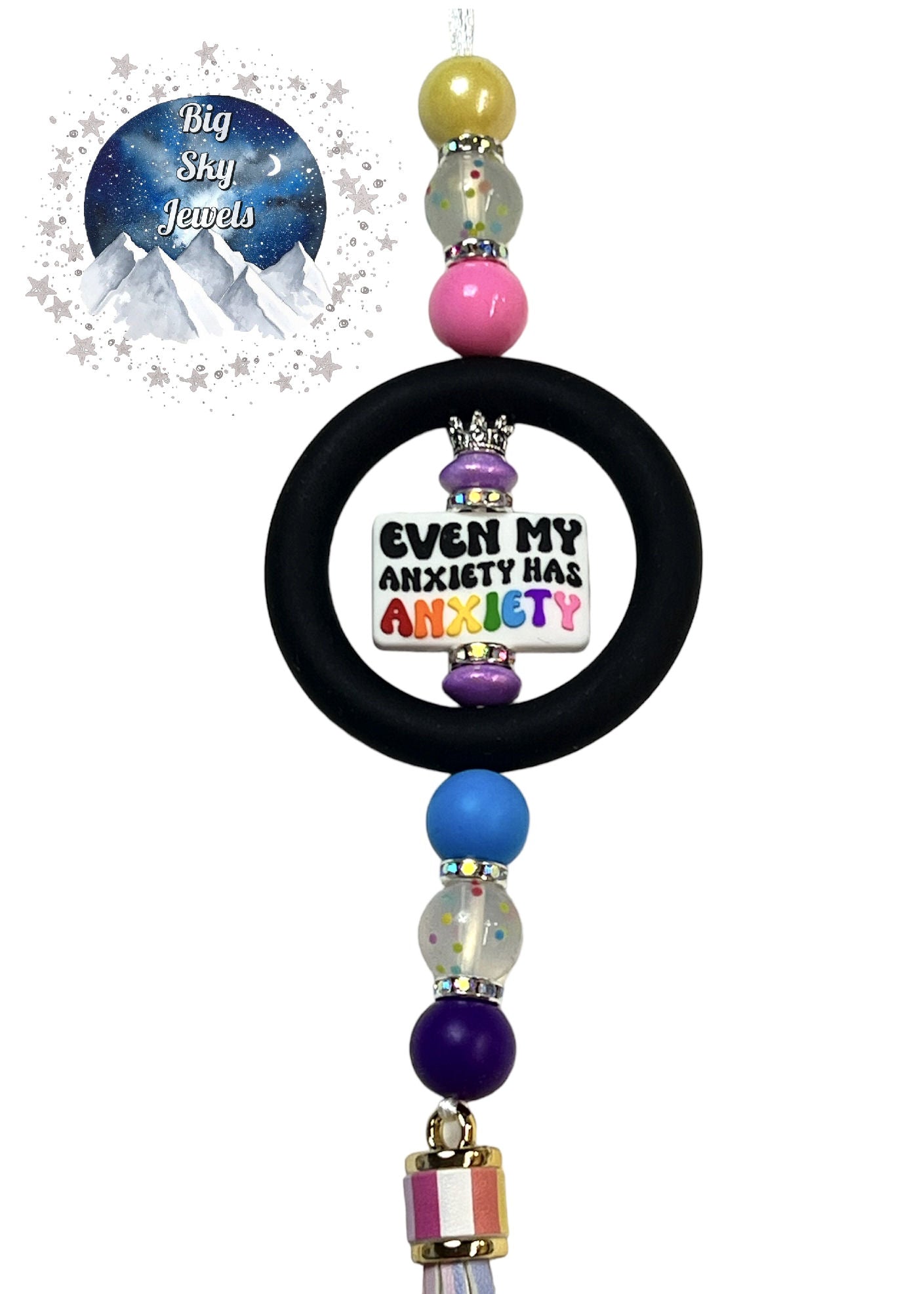 💋 Even My Anxiety Has Anxiety Silicone Car Charm Polka Dot Print, Liquid Pink, Purple, Blue and Yellow Shimmer Rear View Mirror Accessory Ages 8+ Kids or Ladies Women Men Mother's Day Gift
