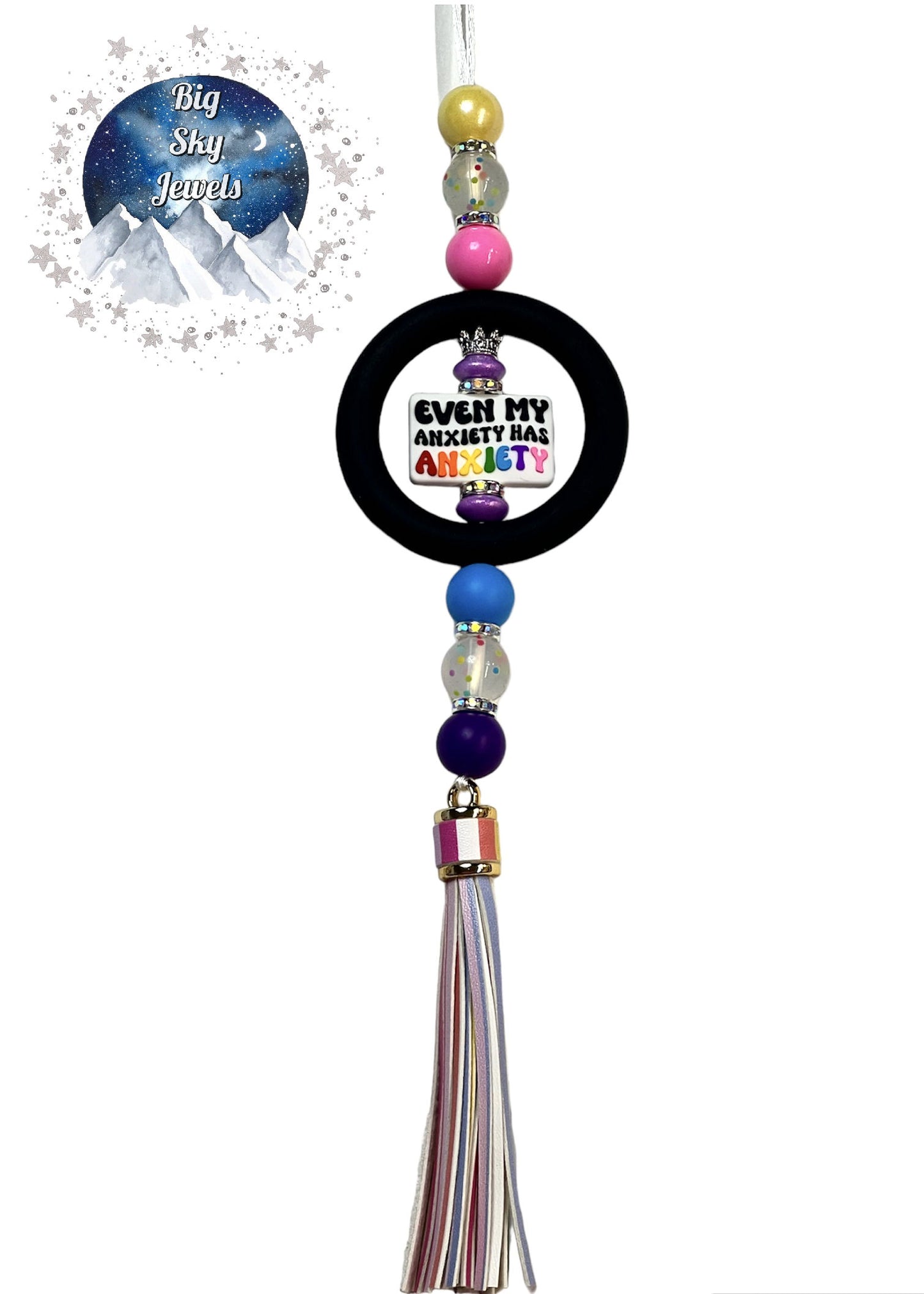 💋 Even My Anxiety Has Anxiety Silicone Car Charm Polka Dot Print, Liquid Pink, Purple, Blue and Yellow Shimmer Rear View Mirror Accessory Ages 8+ Kids or Ladies Women Men Mother's Day Gift
