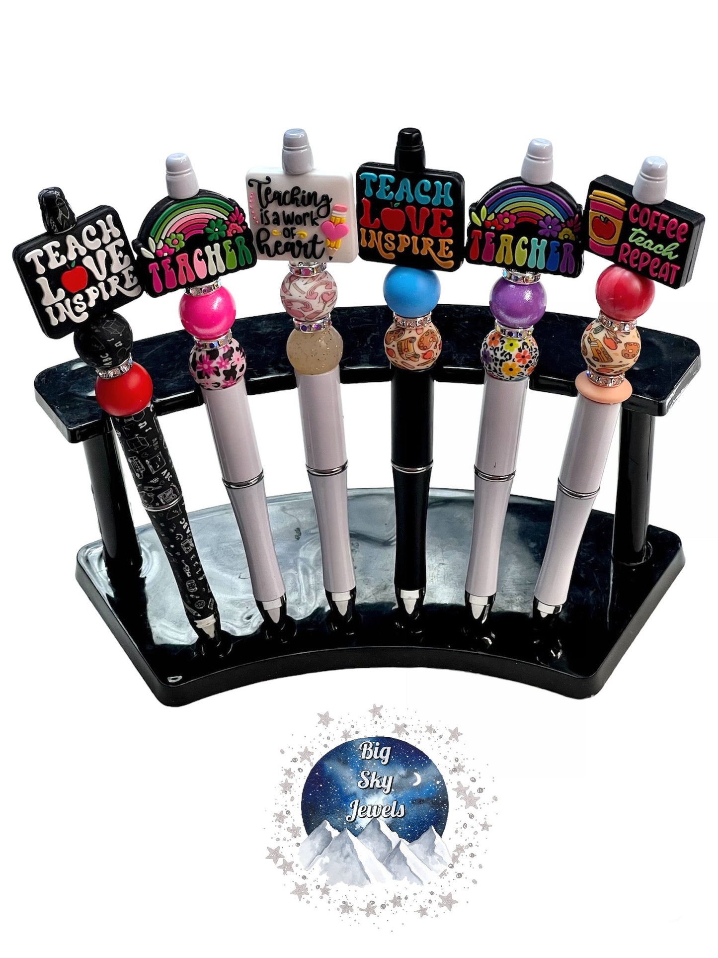 Teacher Silicone Pen, White "Teach Love Inspire", Pink Bead "Teacher" w/ Rainbow + Flowers, Teaching is a Work of Heart, Blue "Teach Love Inspire", Purple Bead "Teacher" w/ Rainbow + Flowers," Coffee Teach Repeat" 5+ Ladies Men School Appreciation