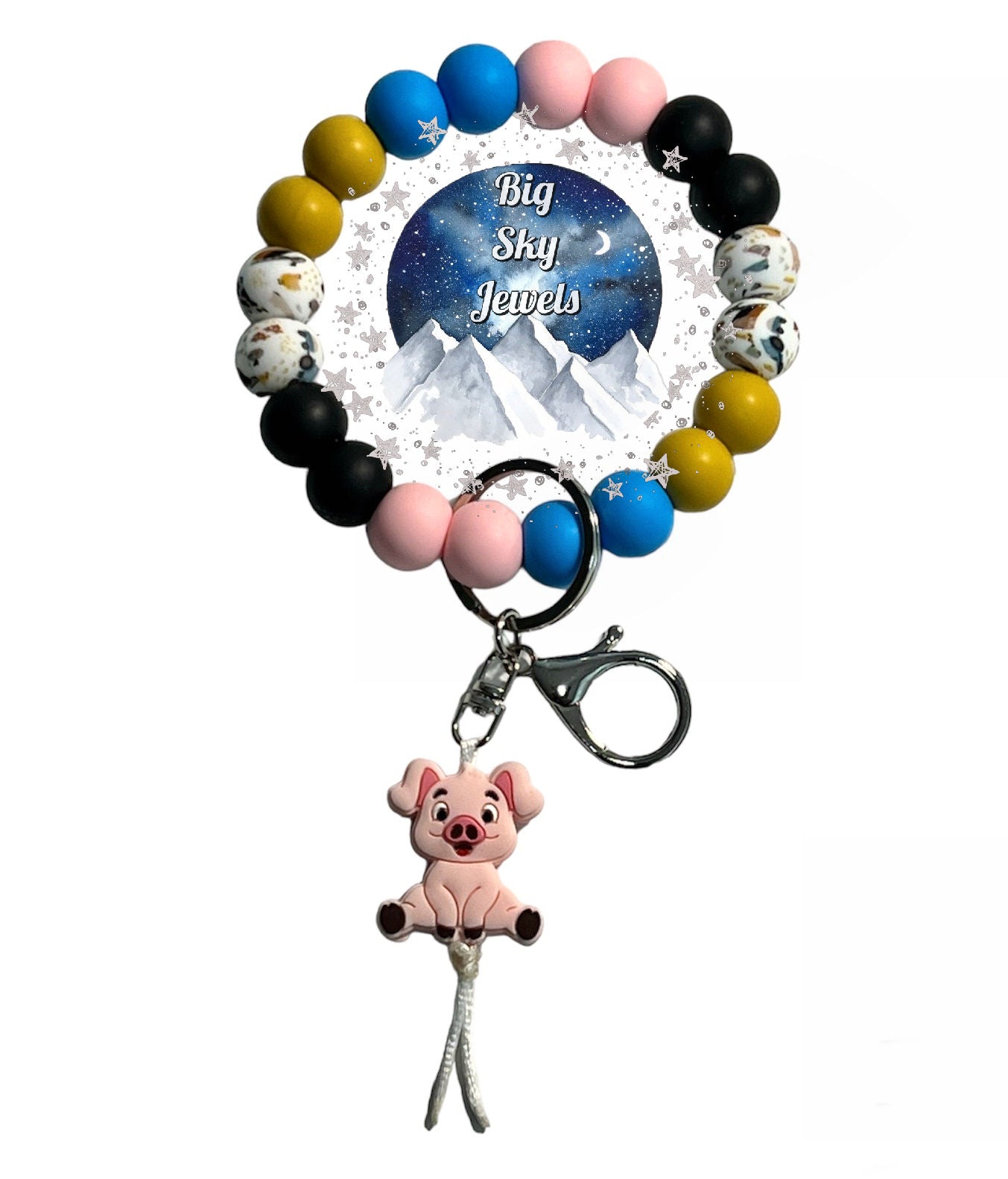 Porky the Pig Silicone Wristlet Keychain Farm Print, Blue, Mustard Yellow, Pink and Black Ages 8+ Kids Ladies Moms Men Farmhouse Tractor Chicken