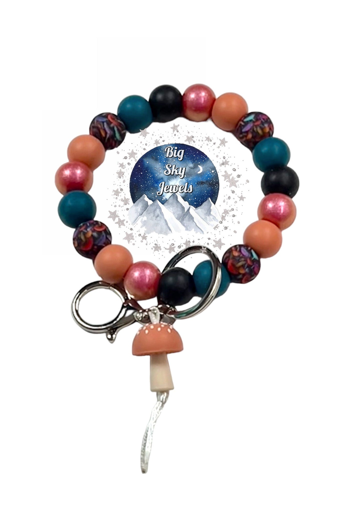 Mushy the Mushroom Silicone Wristlet Keychain Mushroom Print, Harbor Blue, Brandied Melon, Red Opal and Black Ages 8+ Kids Ladies Moms Men