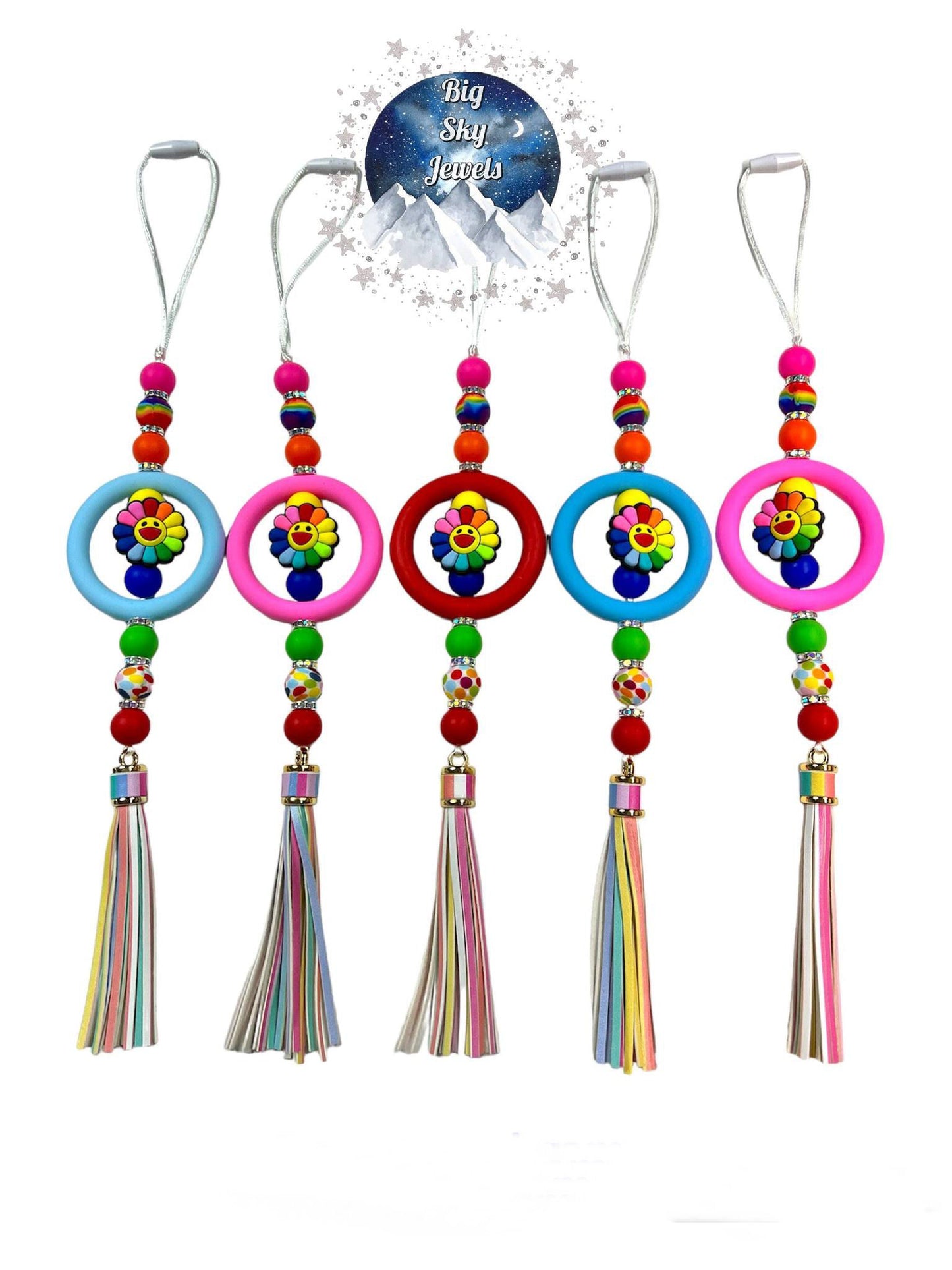 💋 Rainbow Silicone Car Charm Set of 5 Multicolor Print, Red, Pink, Blue, Green, Yellow & Orange, Rear View Mirror Accessory Ages 8+ Kids or Ladies Women Ladies Moms Mother's Day Gift Custom Order