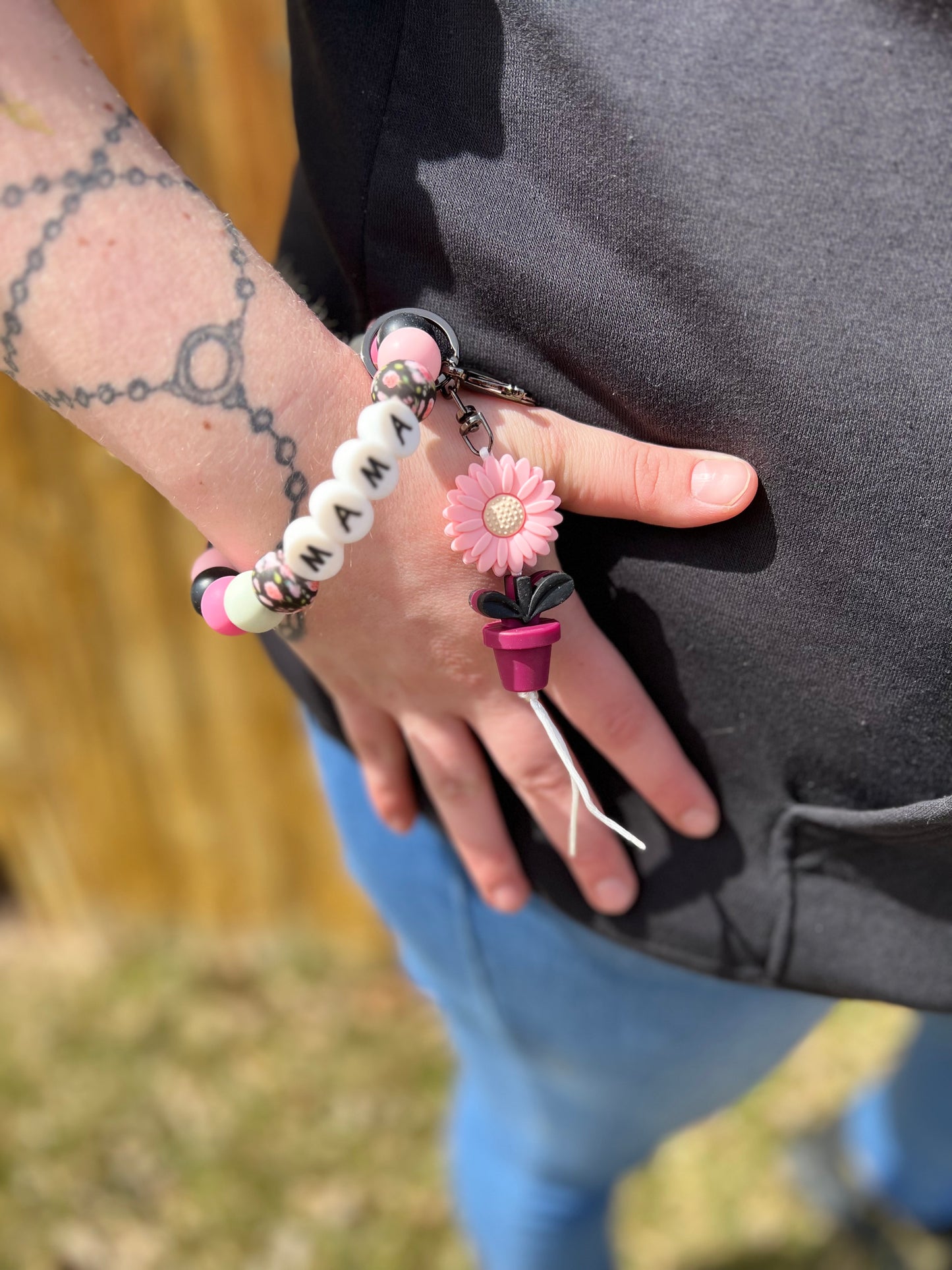 Mama Rose Black Floral Silicone Wristlet Keychain Pink, Black, Floral Print, & Light Green, Ladies Mothers Day Moms Spring Flowers