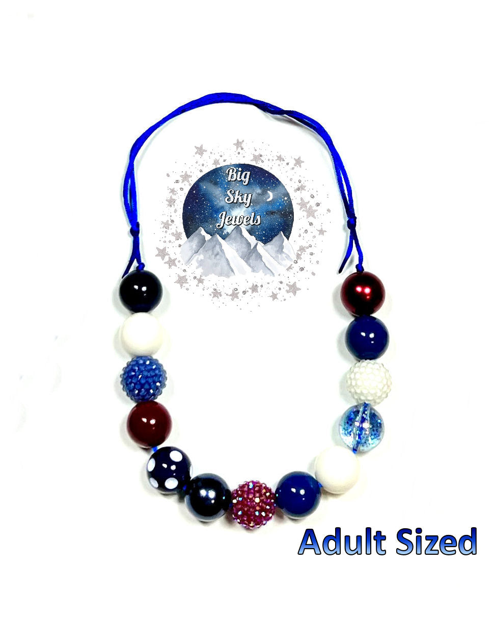 American Chunky Bubblegum Necklace Adult Size Red White Blue Patriotic America USA Jewelry Ages 3+ Fourth of July 4th Summer