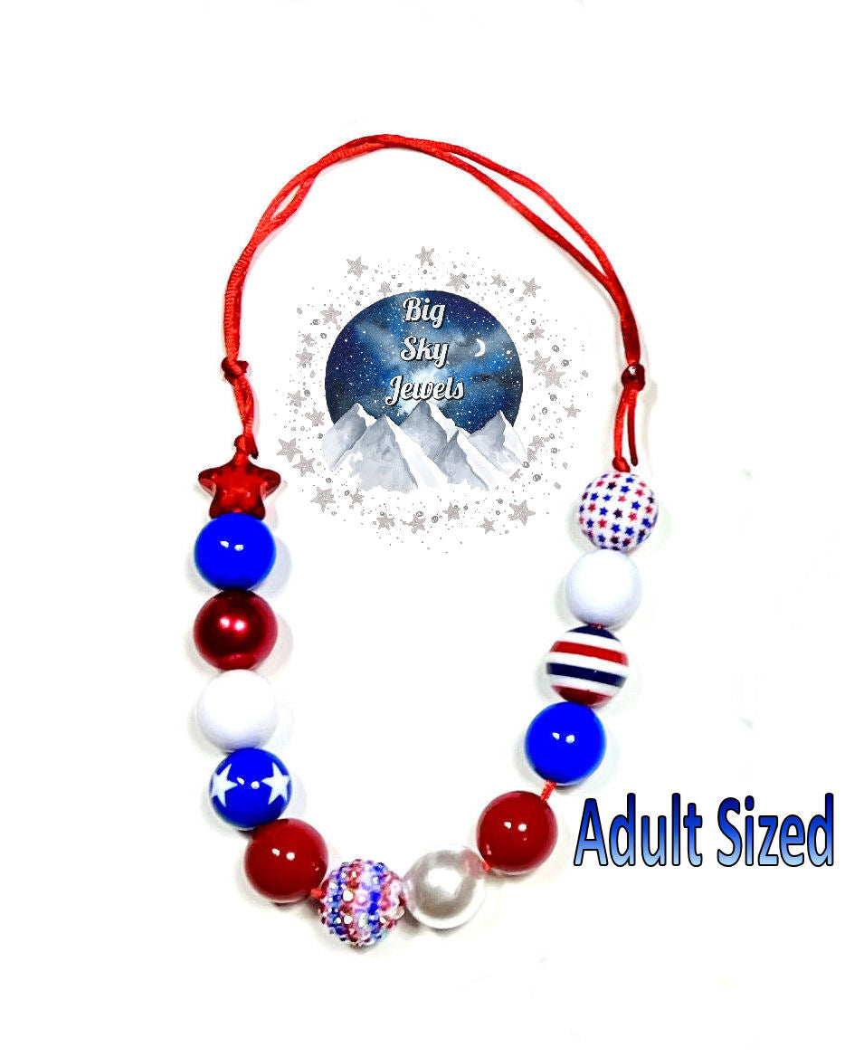 USA Chunky Bubblegum Necklace Adult Size Red White Blue Patriotic America Ages 3+