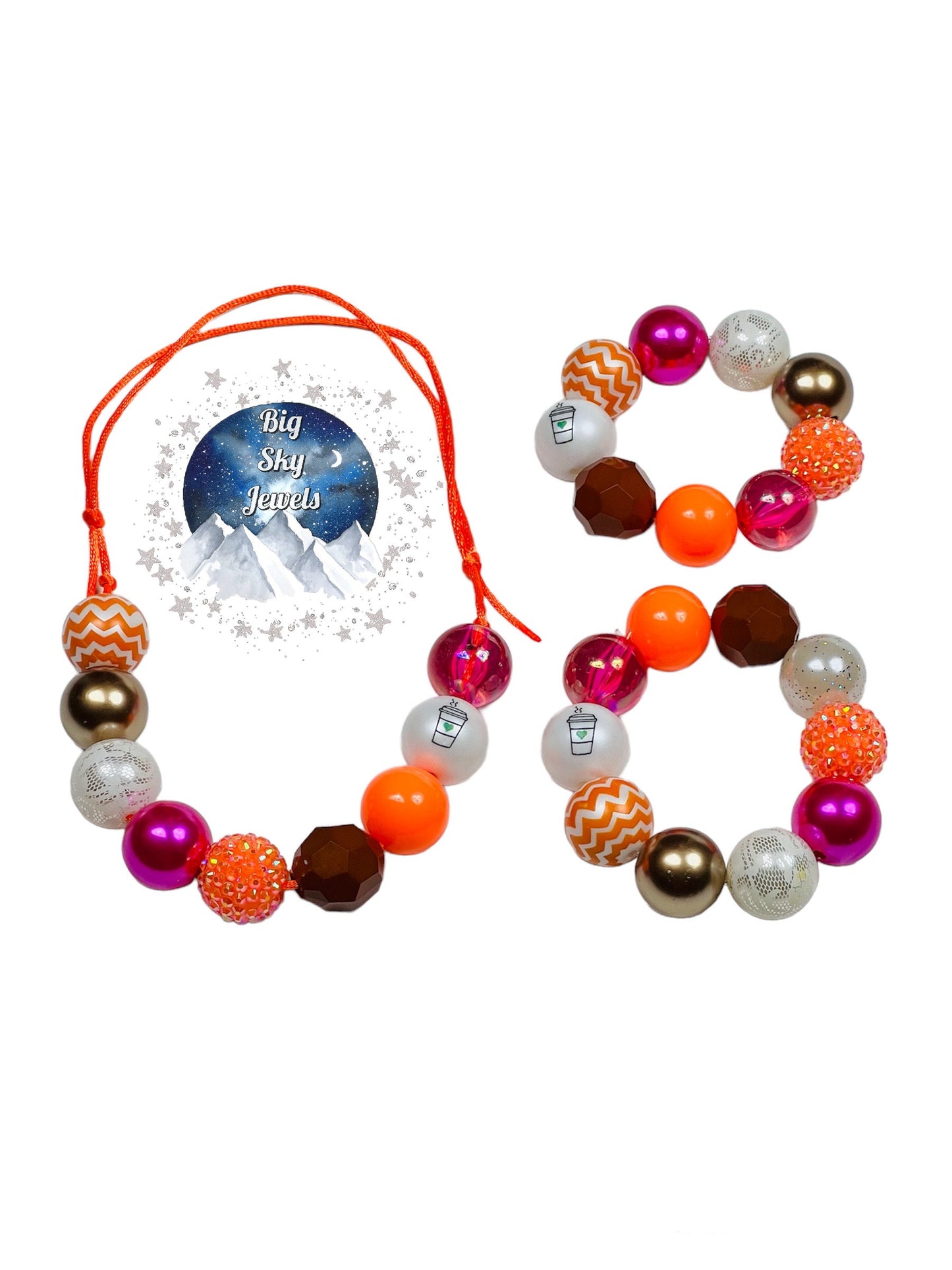 Coffee Love Orange Pink Brown Gold Ivory Chunky Bubblegum Necklace OR Bracelet Jewelry Girls Ages 3+ Fall Multiple Variation Listing