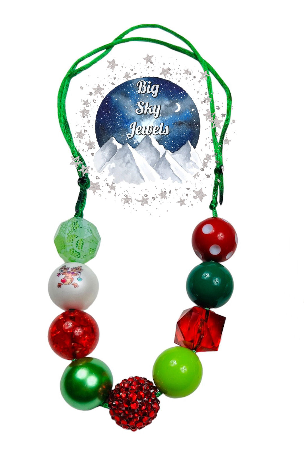 Red Rhinestone Reindeer Chunky Bubblegum Necklace OR Bracelet Red Green Ages 3+ Multiple Variation Listing