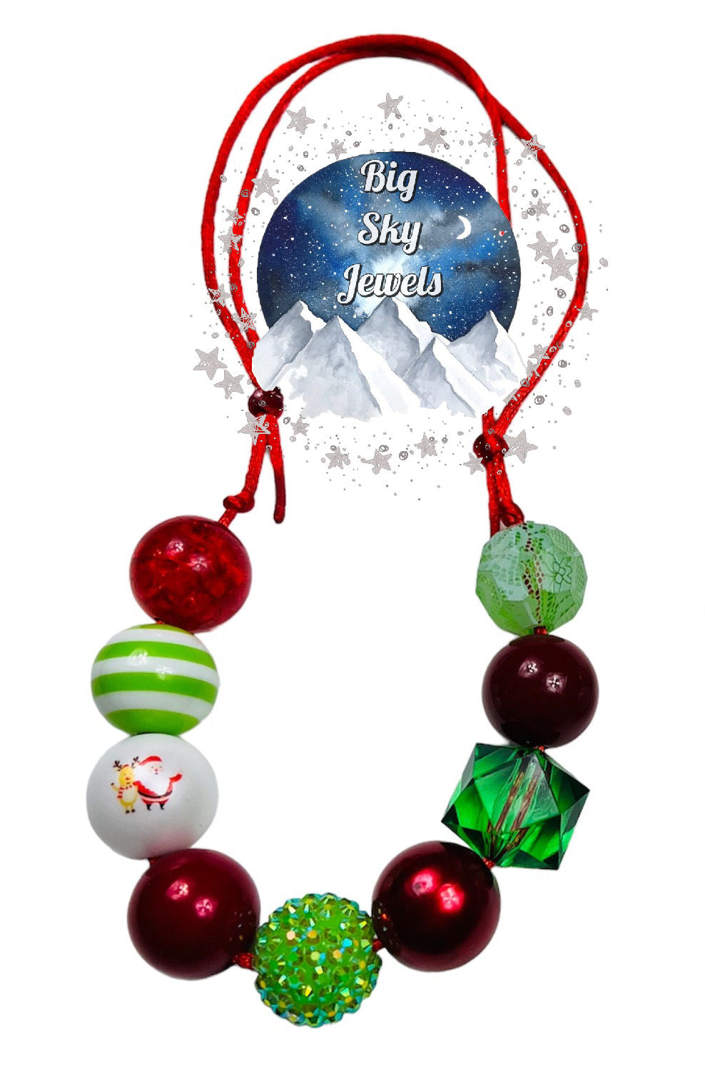 Santa & Reindeer w/Green Rhinestone Chunky Bubblegum Necklace OR Bracelet Red Green Ages 3+ Multiple Variation Listing