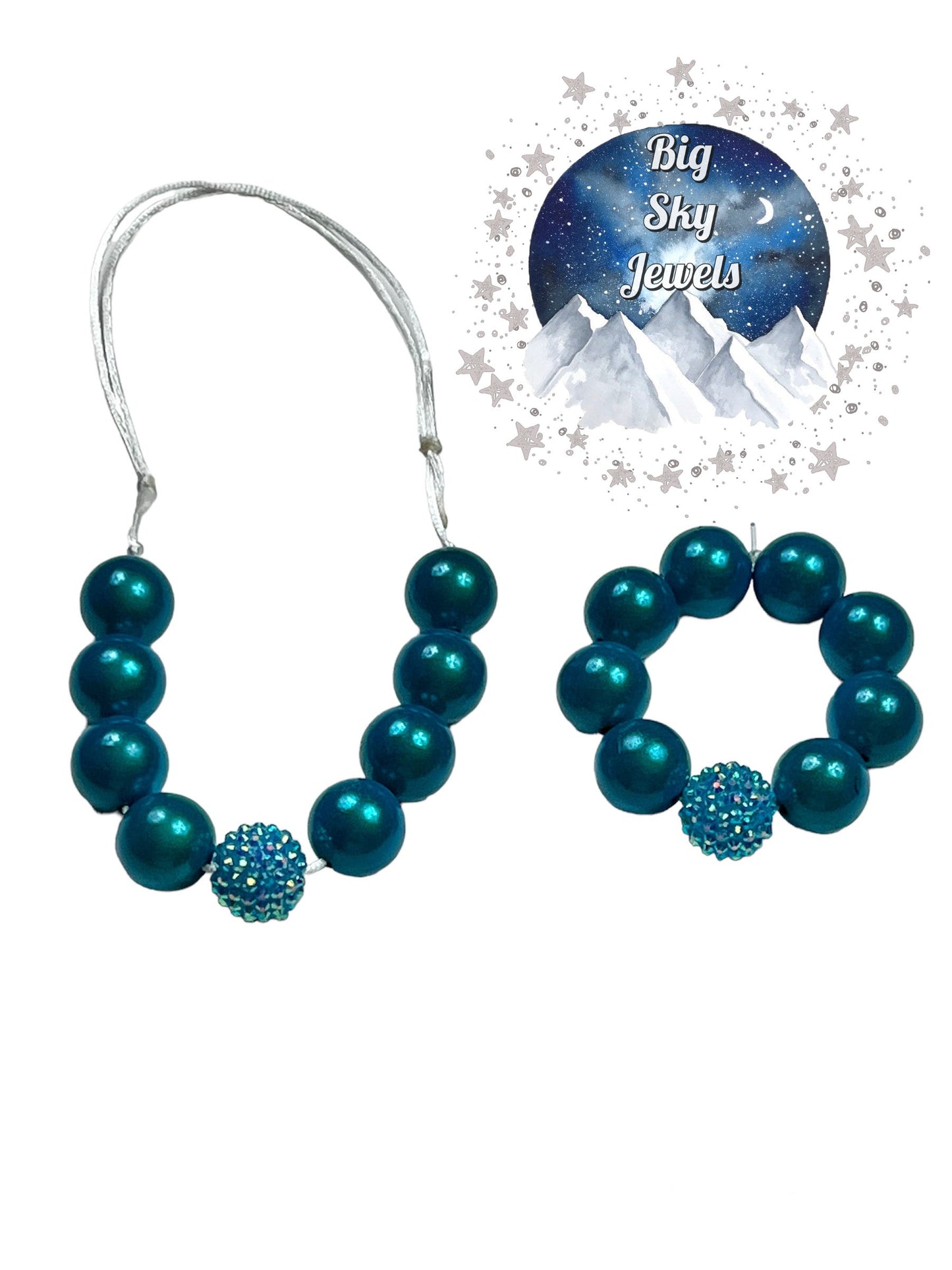 Aqua Miracle Reflective Chunky Bubblegum Necklace & Bracelet SET Kids Jewelry Ages 3+ Girls or Boys Solid Colors Summer