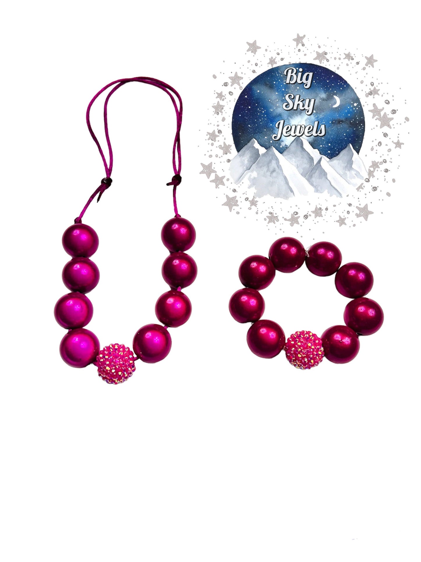 Dark Pink Miracle Reflective Chunky Bubblegum Necklace & Bracelet SET Ages 3+ Solid Colors