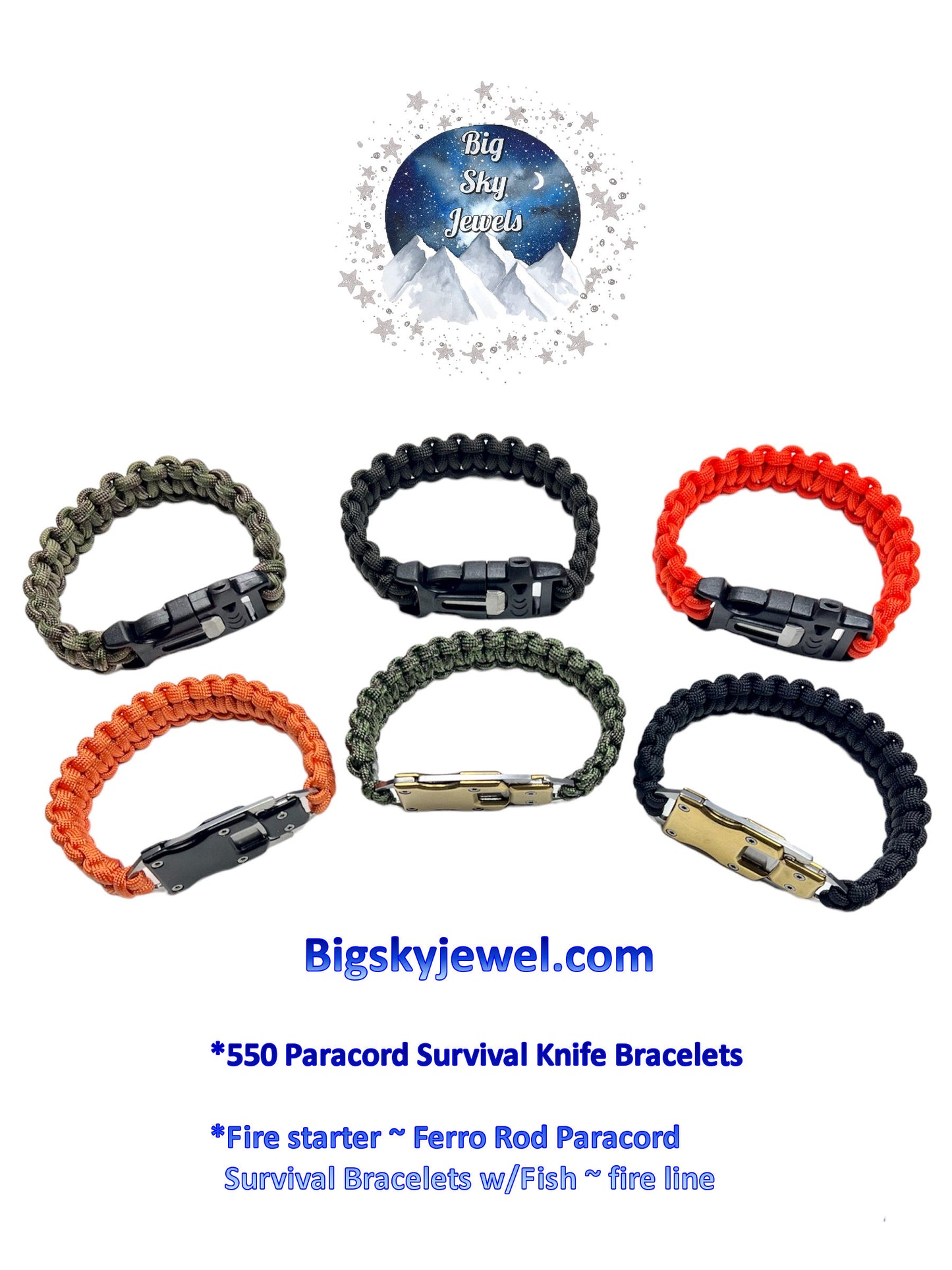 Custom order: 3 Paracord Survival Bracelets w/ knife buckles + 3 Fish/fire line paracord with Ferro rod buckle bracelets. Ages 18+, Adults only