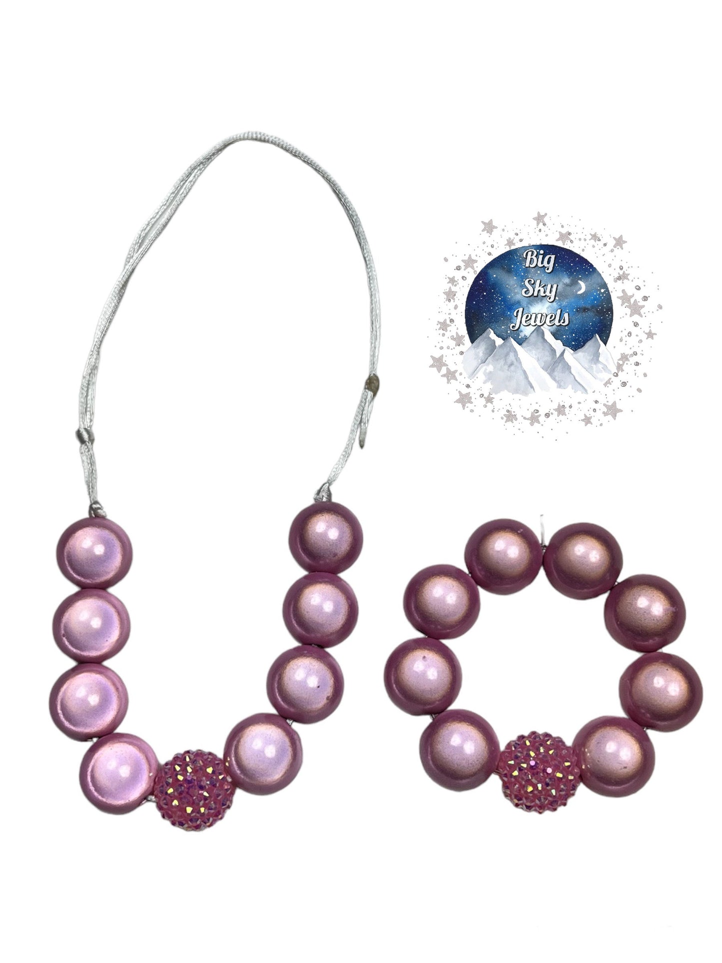 Light Pink Miracle Reflective Chunky Bubblegum Necklace & Bracelet SET Ages 3+ Solid Colors