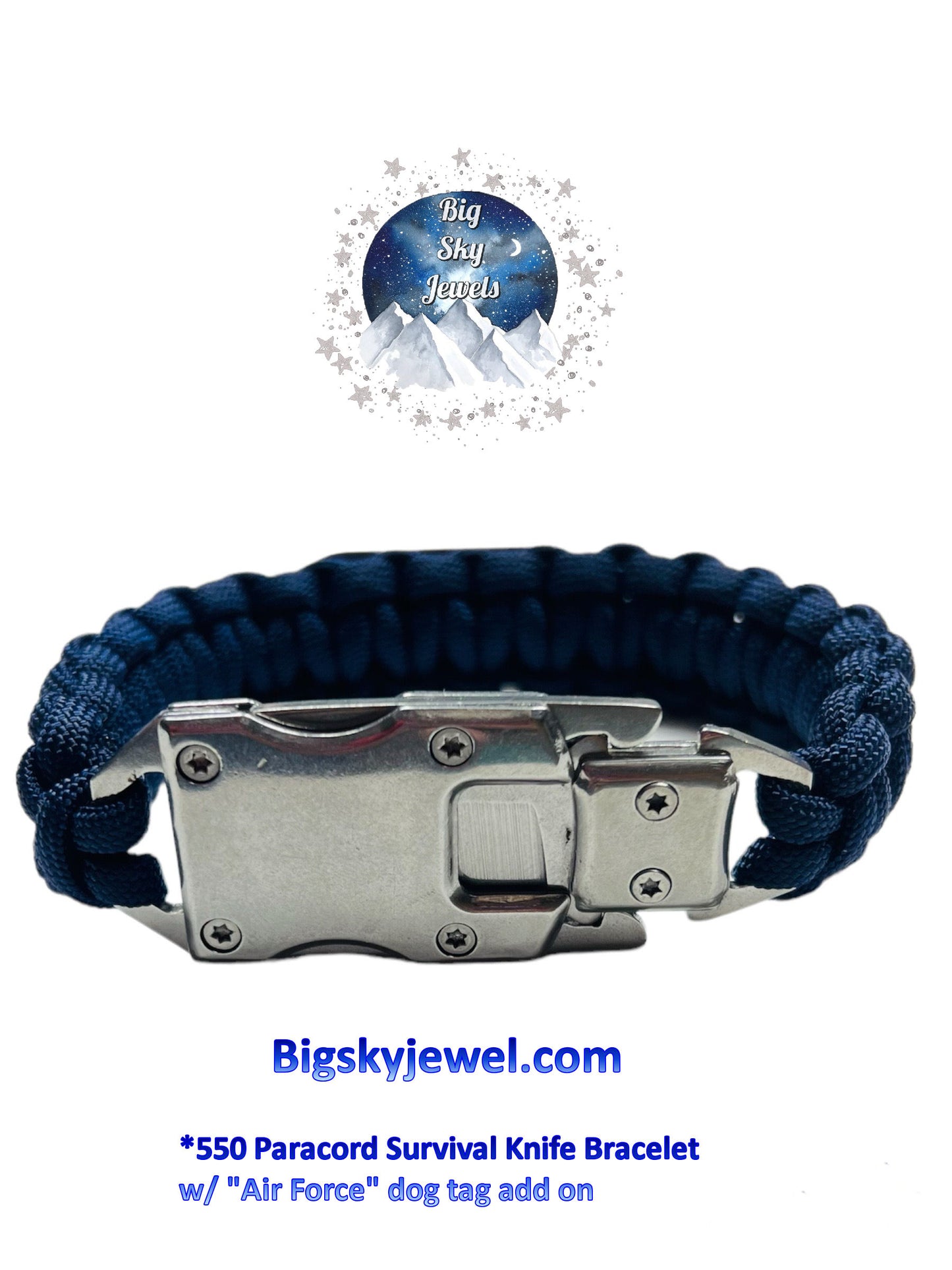 Custom Order For Size: ONE 550 Paracord Survival Bracelet w/ Knife Buckle. Stainless Steel Silver Color Buckle. Dark Blue Color Paracord Air Force Dog Tag Ages 18+, Adults only