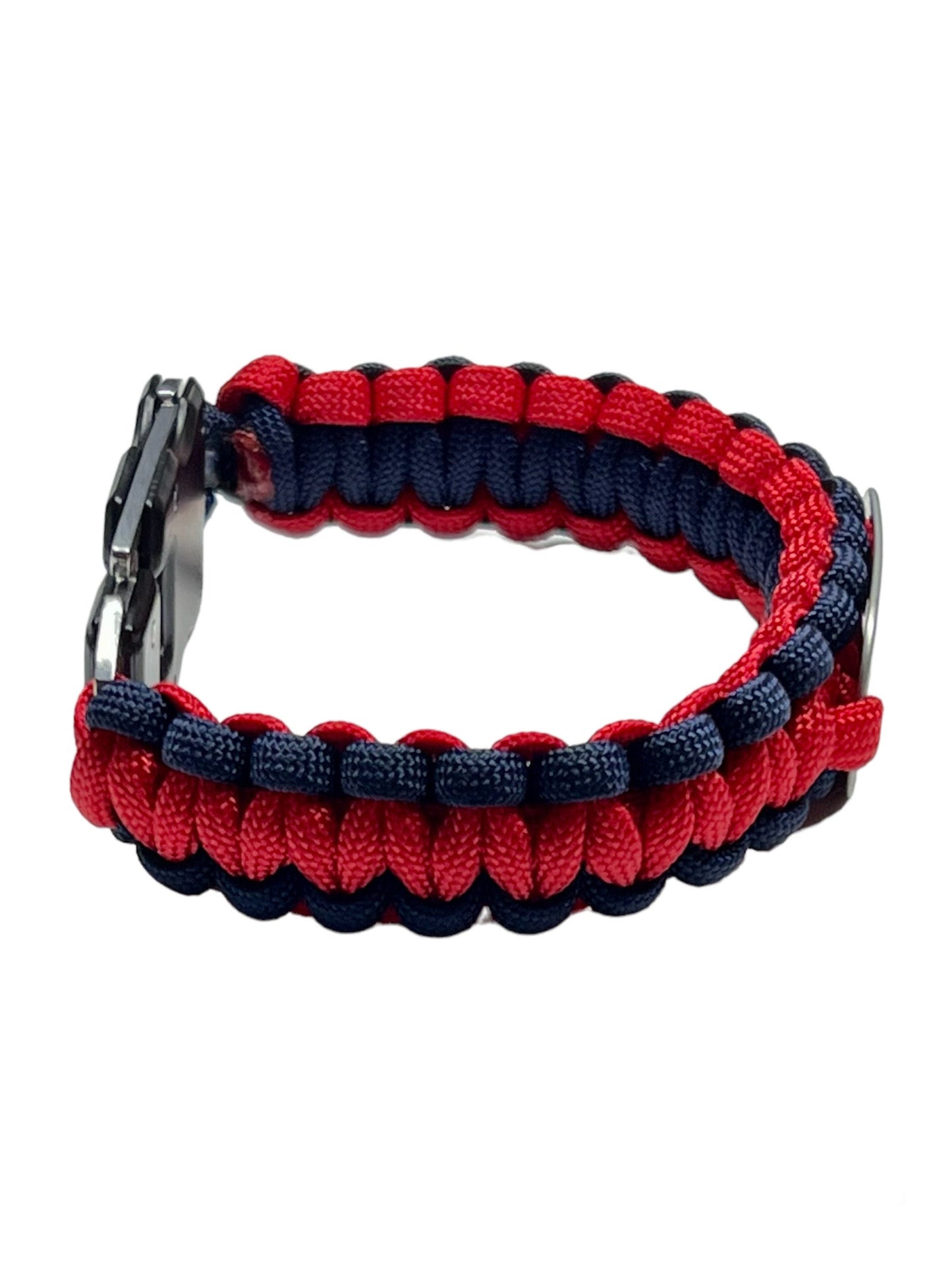 Custom Order For Size: ONE 550 Paracord Survival Bracelet w/ Knife Buckle. Stainless Steel Black Color Buckle. Red & Blue Color Paracord. "Fire Dept." dog tag Ages 18+, Adults only