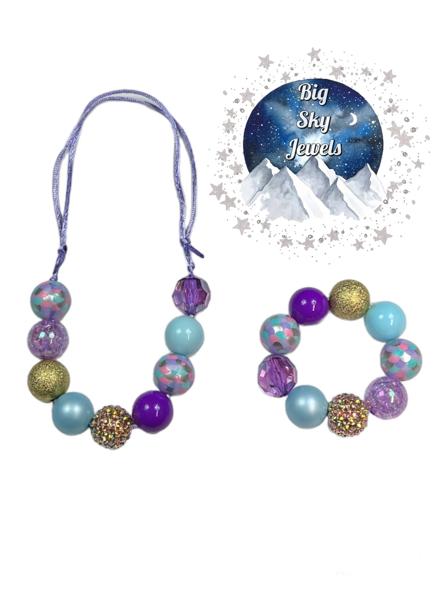 Bubbles Mermaid Chunky Bubblegum Necklace AND Bracelet SET Lavender, Gold, Light Blue Kids Girls Ages 3+ Summer Spring