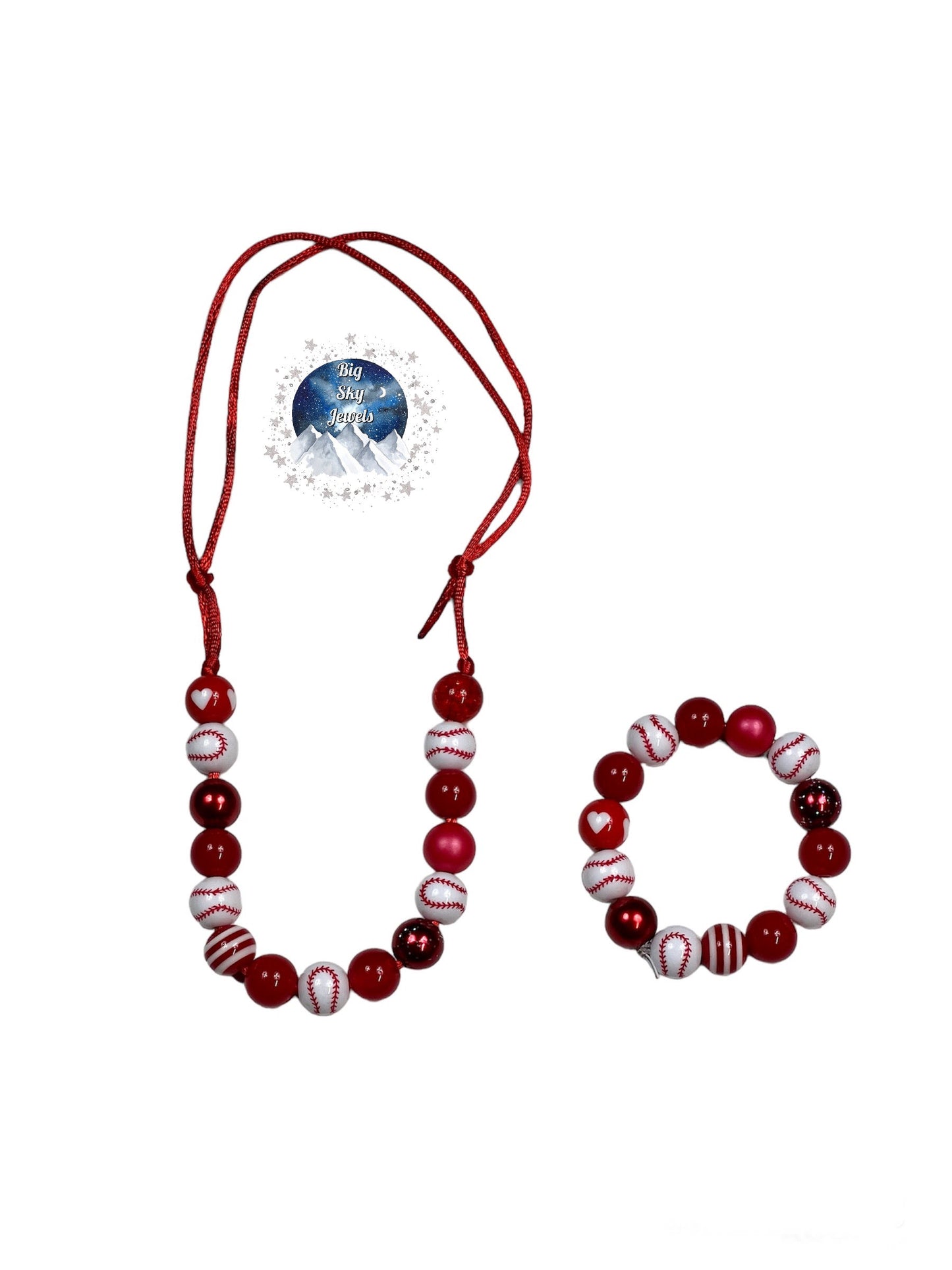 Baseball MINI BEAD Bubblegum Necklace & Bracelet SET Red White Ages 3+ Kids Girls Boys Spring Summer Fall