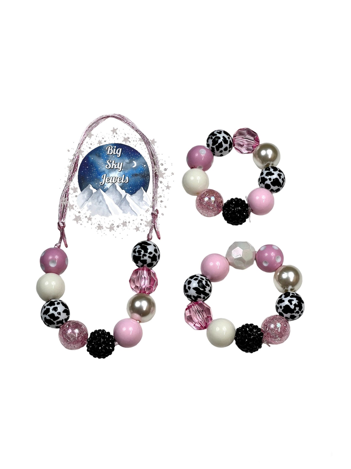 Strawberry Moo Cow Chunky Bubblegum Necklace OR Bracelet Black White Pink Ages 3+ Kids Girls Farm Animals Summer Multiple Variation Listing