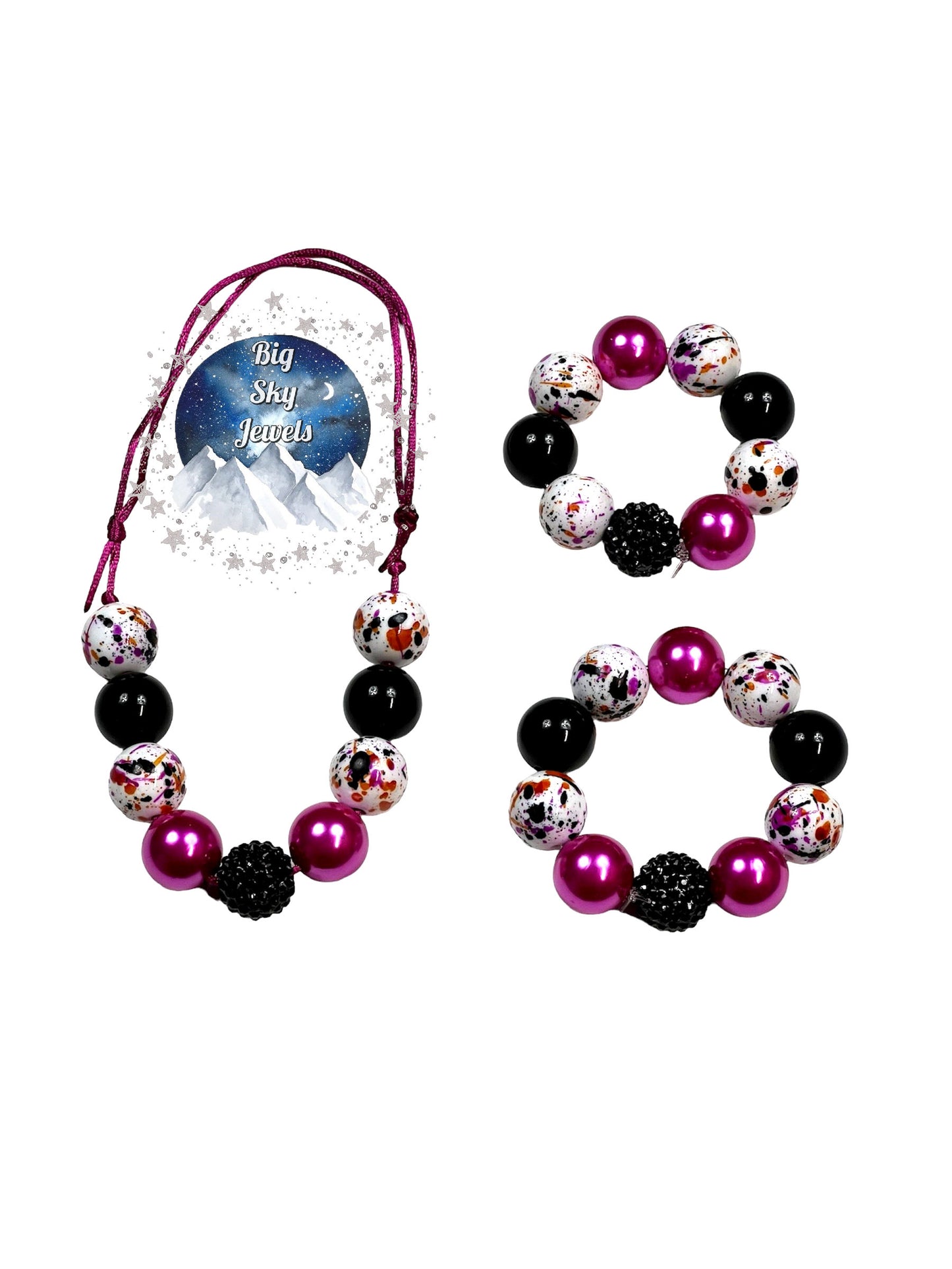 Dark Pink Paint Splatter Chunky Bubblegum Necklace OR Bracelet Dark Pink, Orange, Black & White Ages 3+ Girls or Boys Jewelry Halloween Multiple Variation Listing