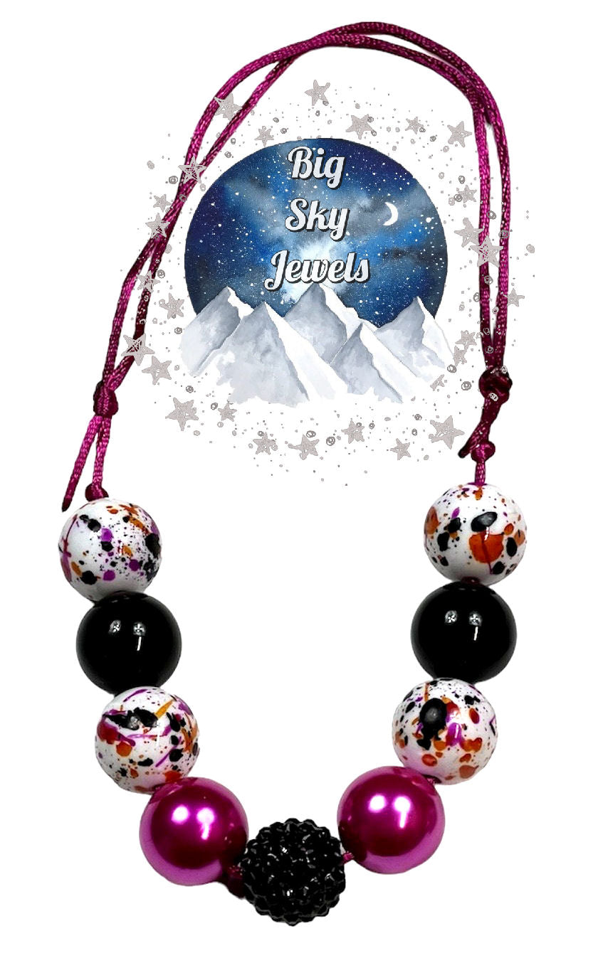 Dark Pink Paint Splatter Chunky Bubblegum Necklace OR Bracelet Dark Pink, Orange, Black & White Ages 3+ Girls or Boys Jewelry Halloween Multiple Variation Listing