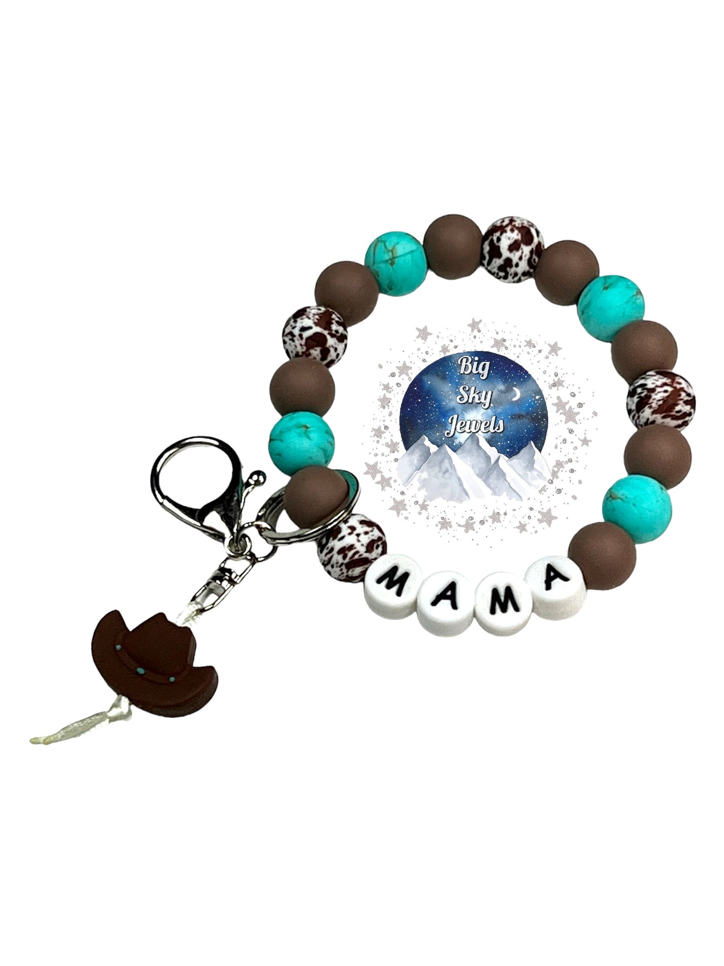 Cowboy Hat Mama Wristlet Keychain Silicone Turquoise Stone, Brown Cow, & Brown Ages 8+ Kids or Ladies Moms Western West