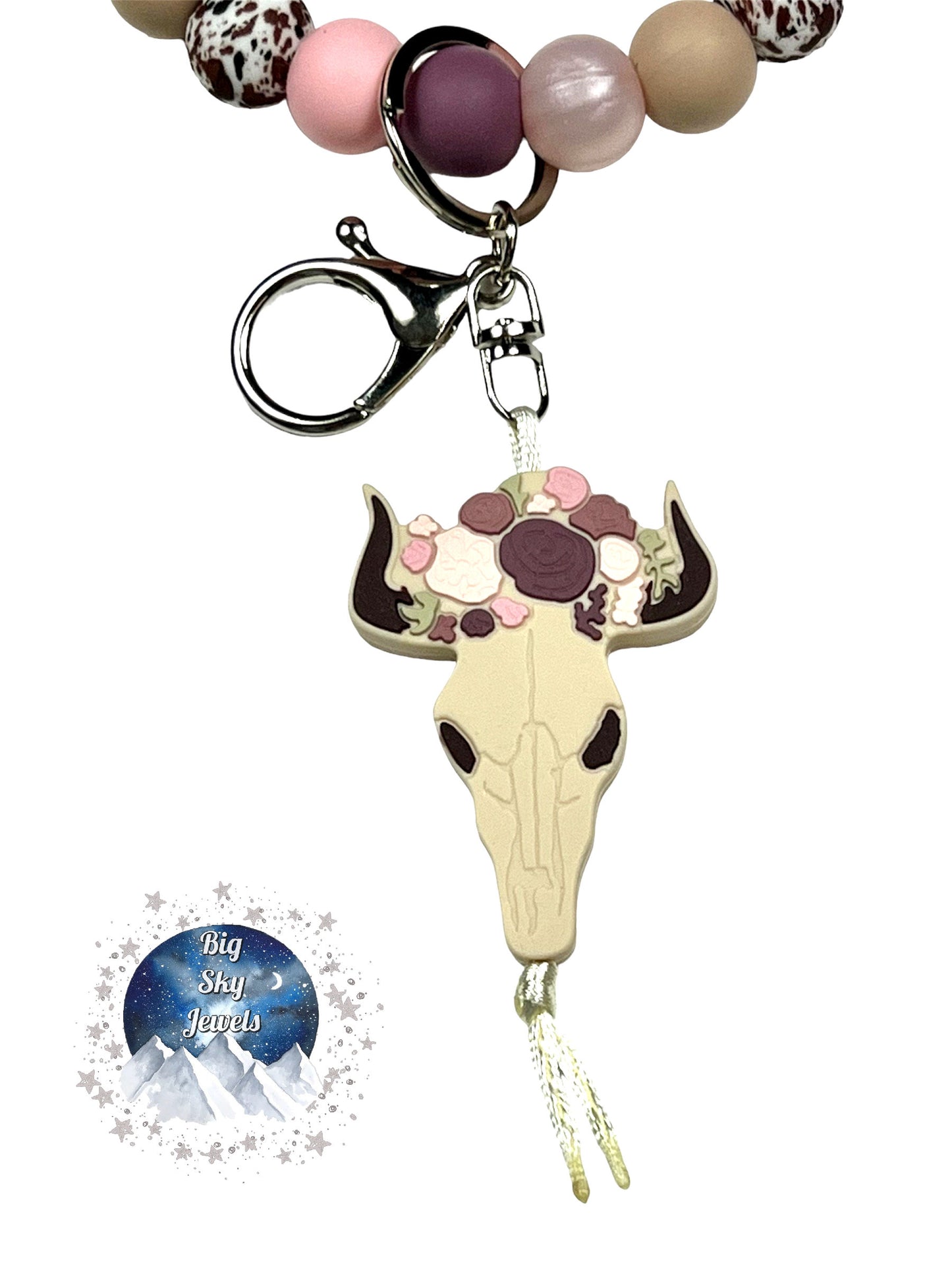 Queen of the West Floral Bull Skull Cowgirl Silicone Wristlet Keychain Pink Pearl, Brown Cow, Dark Cream, Plum, & Rose Quartz Ages 8+ Kids or Ladies Summer Fall Western West Multiple Variation Listing