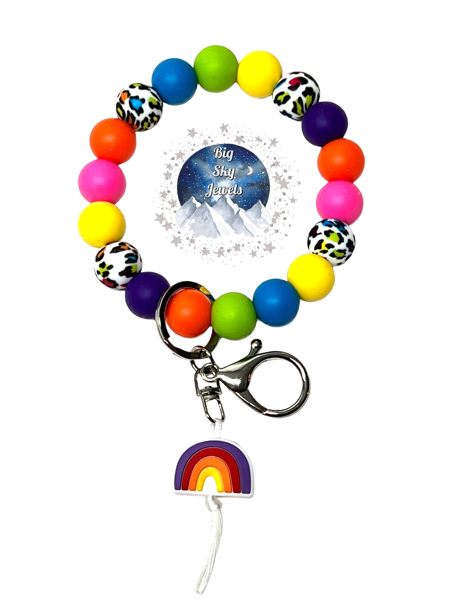 Colorful Leopard Rainbow Silicone Wristlet Keychain Leopard Print, Fuchsia, Orange, Yellow, Green, Sky Blue and Purple Passion Ages 8+ Kids or Ladies Moms Multiple Variation Listing
