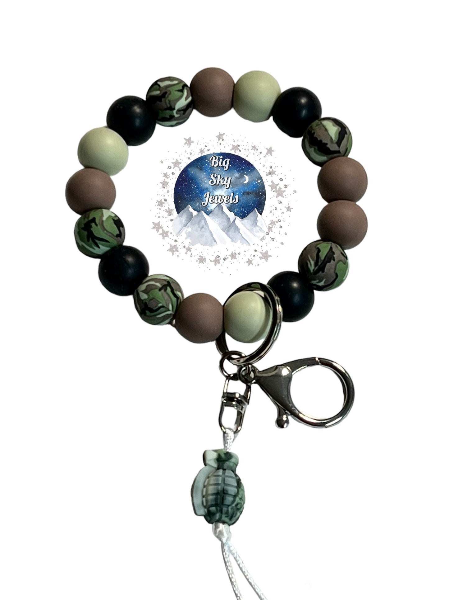 Army Grenade Silicone Wristlet Keychain Camo Print, Black, Sage and Brown Ages 8+ Kids, Ladies, Mens Military