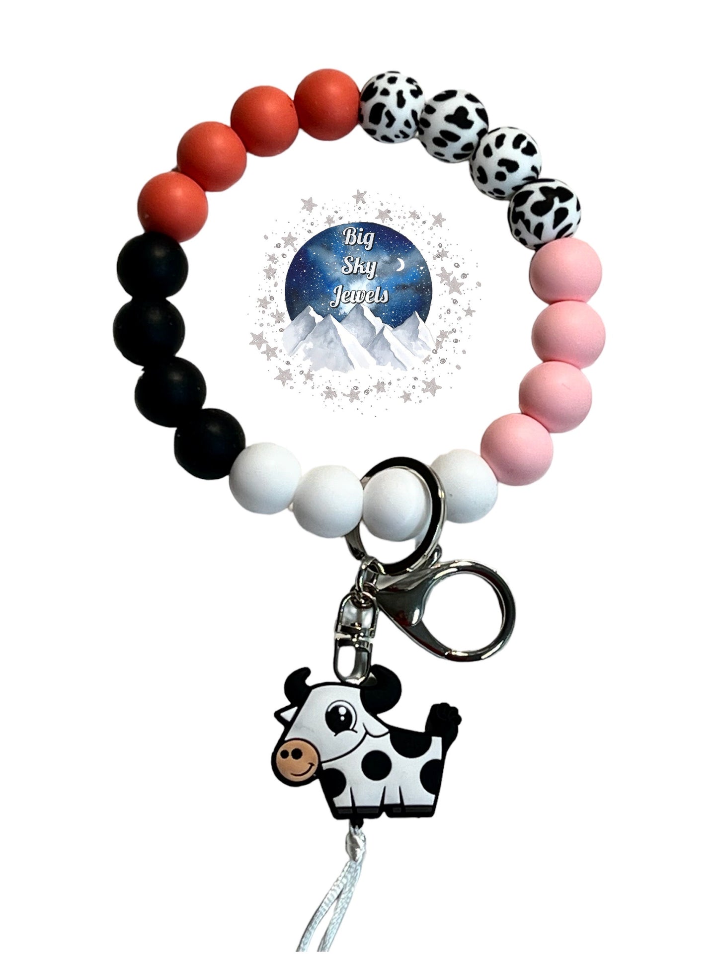 Nellie the Cow Silicone Wristlet Keychain Coral, White/Black Cow Print, Pink, White, Black Ages 8+ Kids or Ladies Western West